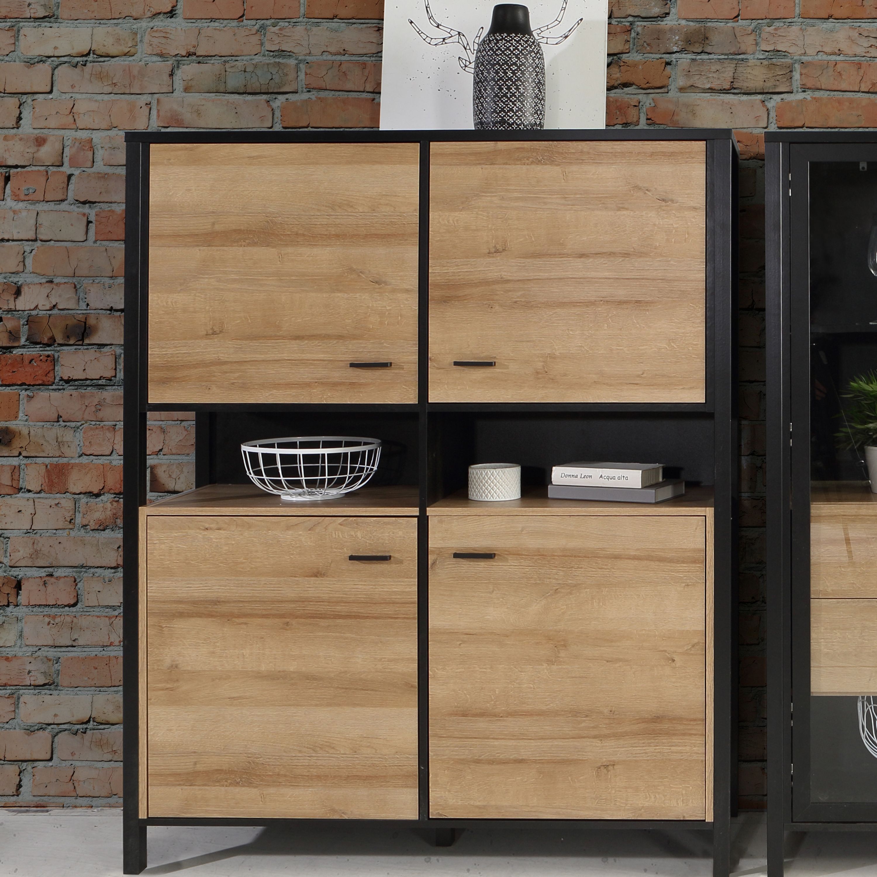 High Rock Storage Cabinet Cupboard In Matt Black/Riviera Oak - Price Crash Furniture