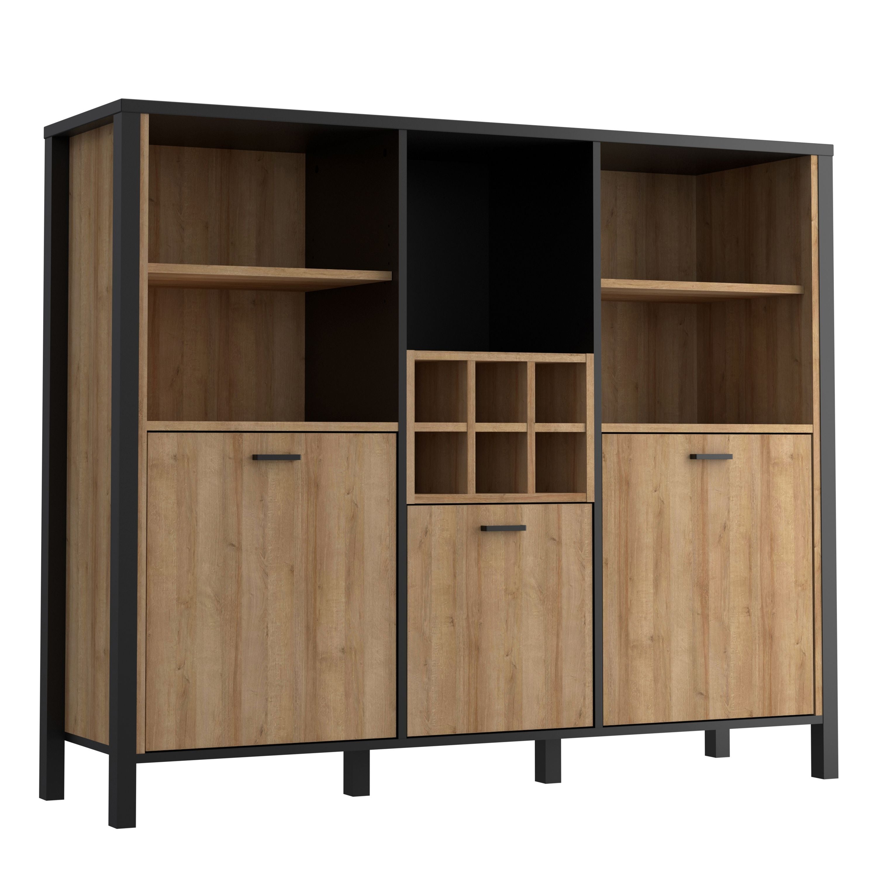 High Rock Wide Sideboard Dresser Display Unit In Matt Black & Riviera Oak - Price Crash Furniture