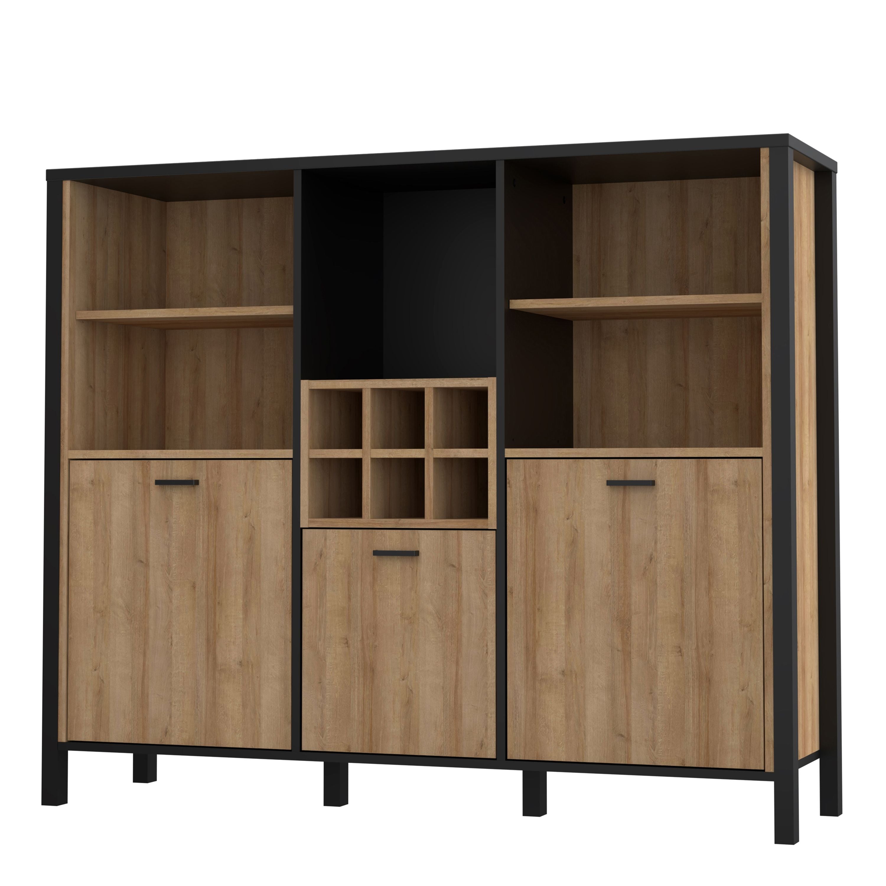 High Rock Wide Sideboard Dresser Display Unit In Matt Black & Riviera Oak - Price Crash Furniture