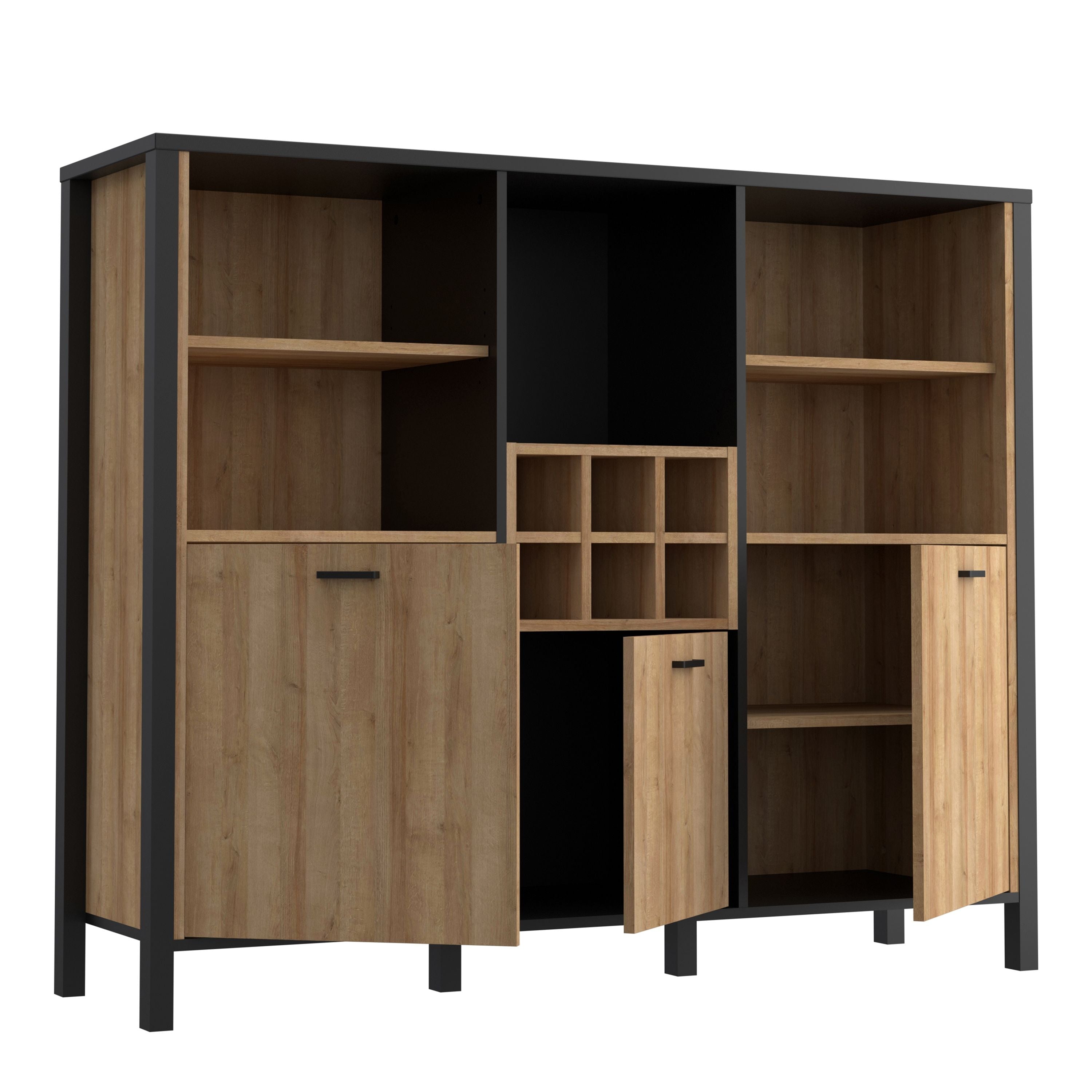 High Rock Wide Sideboard Dresser Display Unit In Matt Black & Riviera Oak - Price Crash Furniture