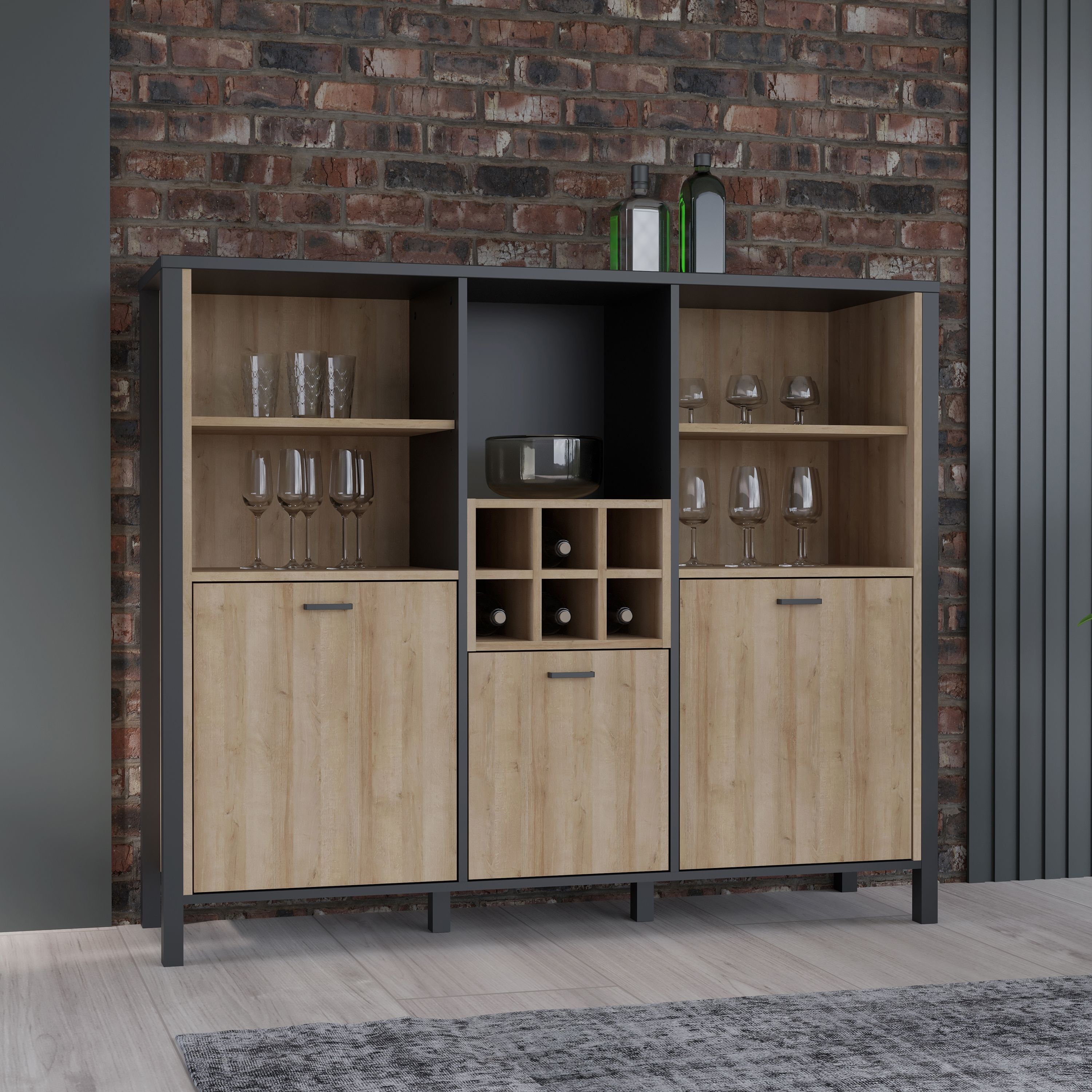 High Rock Wide Sideboard Dresser Display Unit In Matt Black & Riviera Oak - Price Crash Furniture