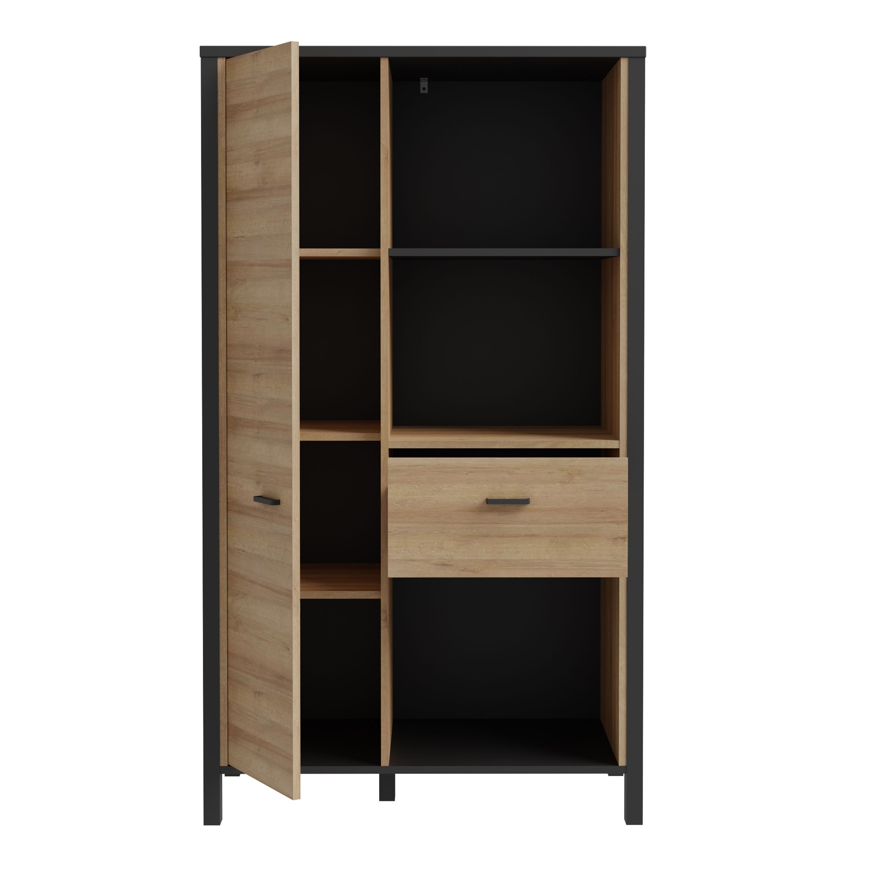 High Rock Wide Storage Shelving Unit and Cupboard In Matt Black and Riviera Oak - Price Crash Furniture