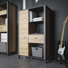 High Rock Wide Storage Shelving Unit and Cupboard In Matt Black and Riviera Oak - Price Crash Furniture