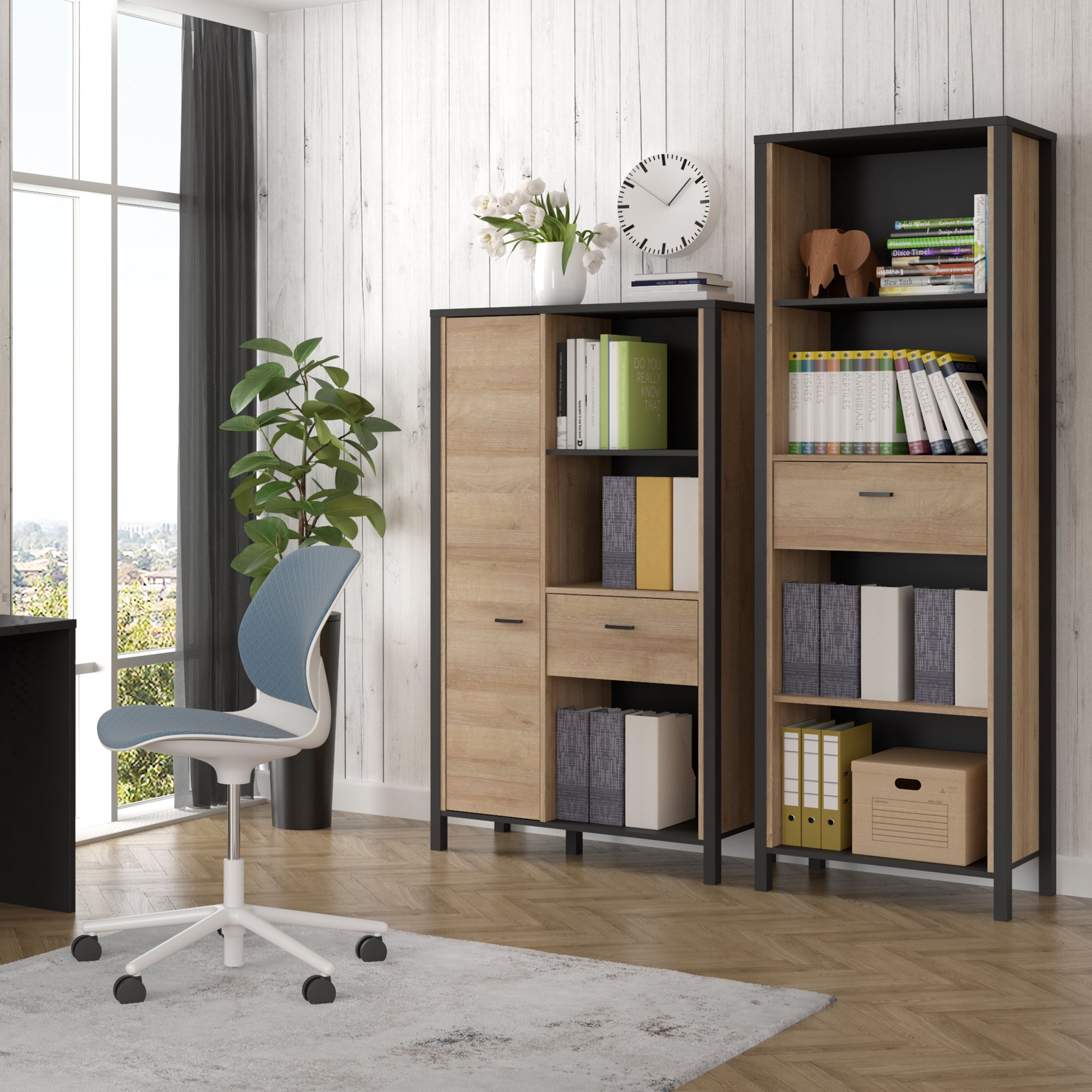 High Rock Wide Storage Shelving Unit and Cupboard In Matt Black and Riviera Oak - Price Crash Furniture