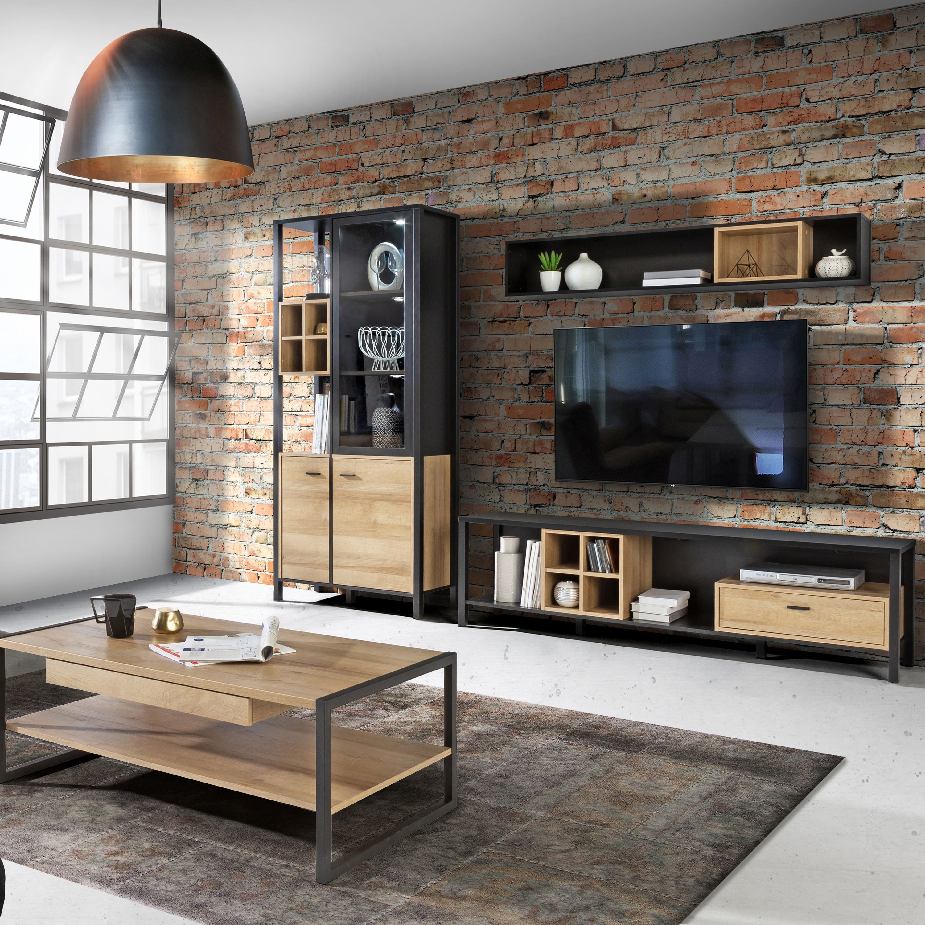 High Rock Large Wide TV Cabinet In Matt Black & Riviera Oak - Price Crash Furniture