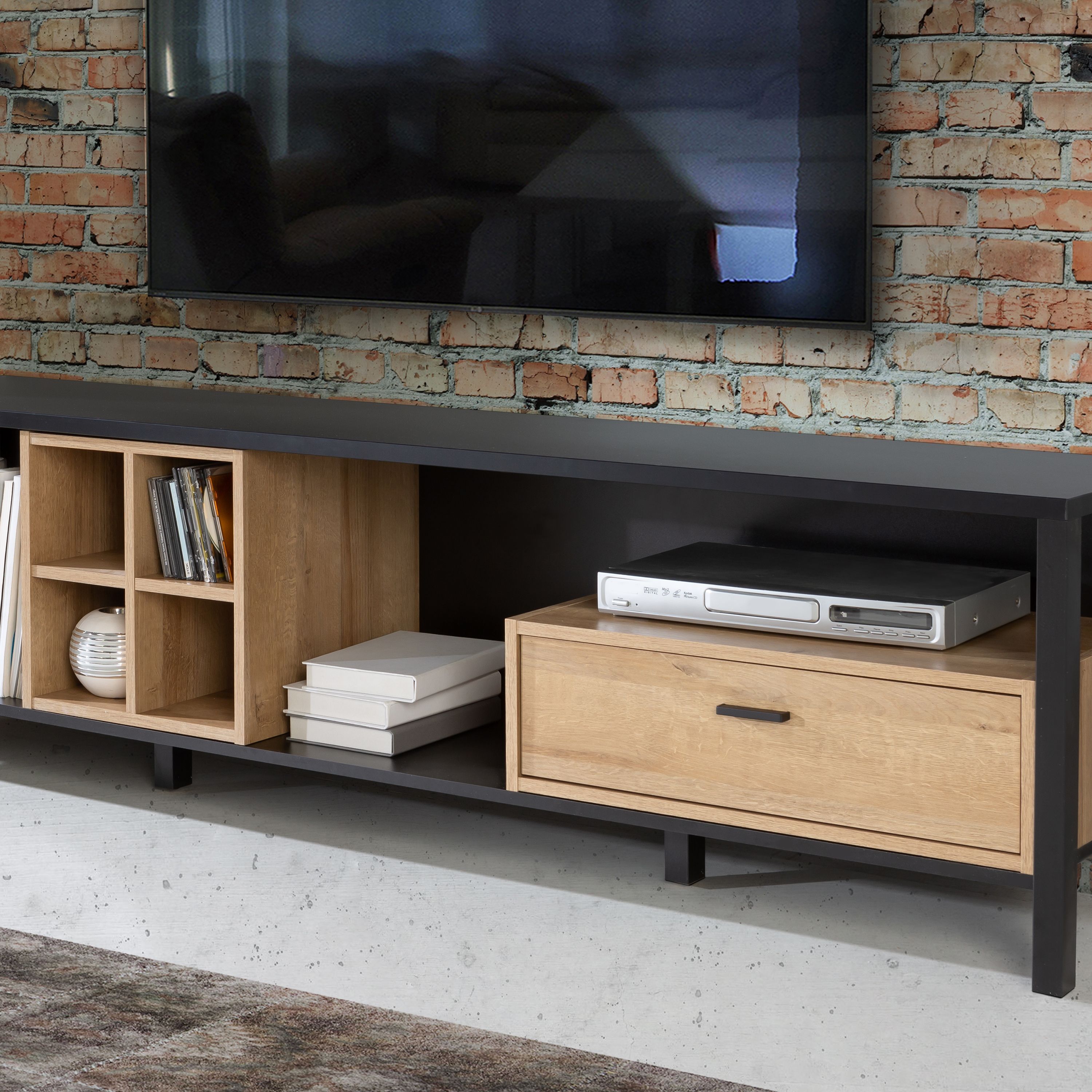 High Rock Large Wide TV Cabinet In Matt Black & Riviera Oak - Price Crash Furniture