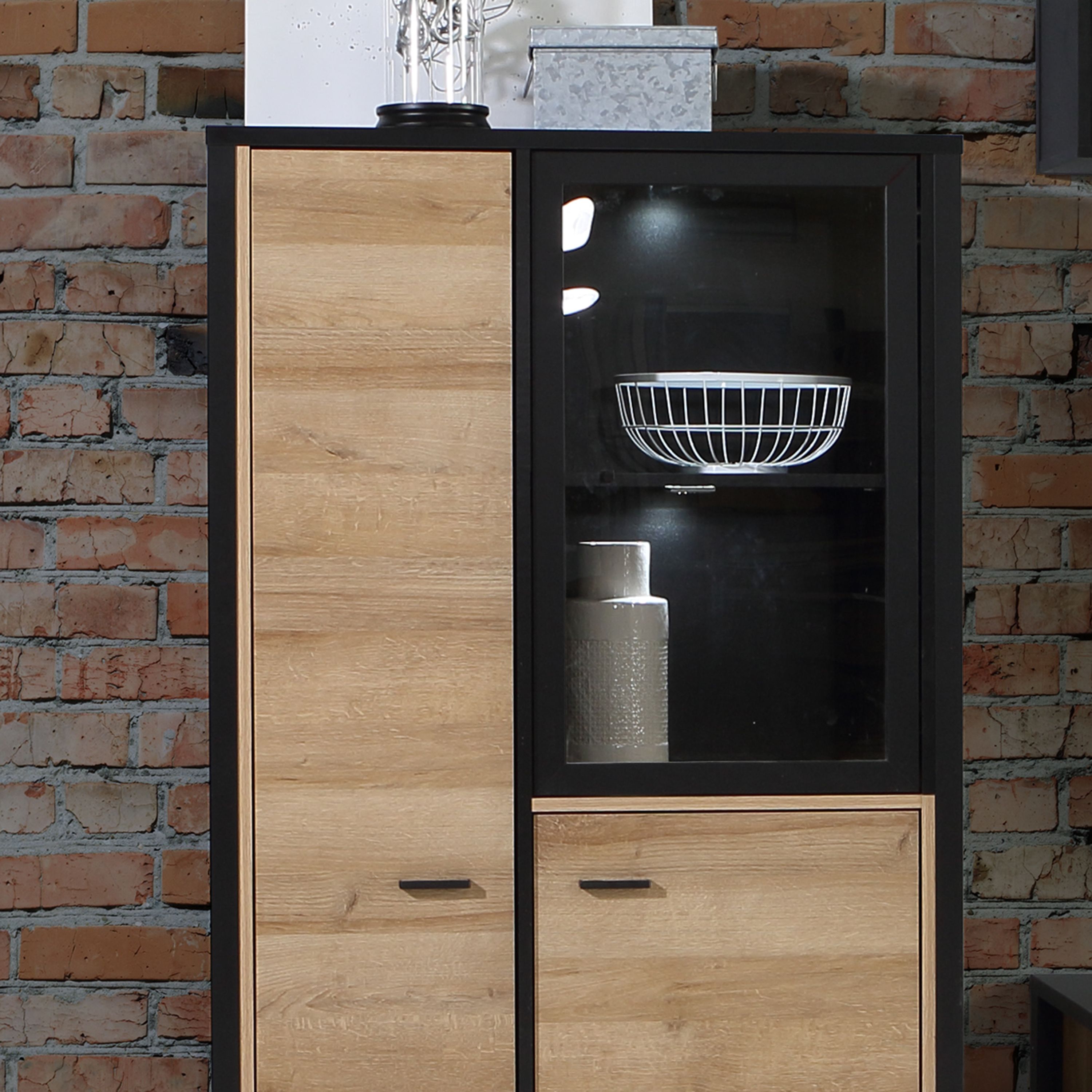 High Rock Small Display Cabinet Unit In Matt Black and Riviera Oak - Price Crash Furniture