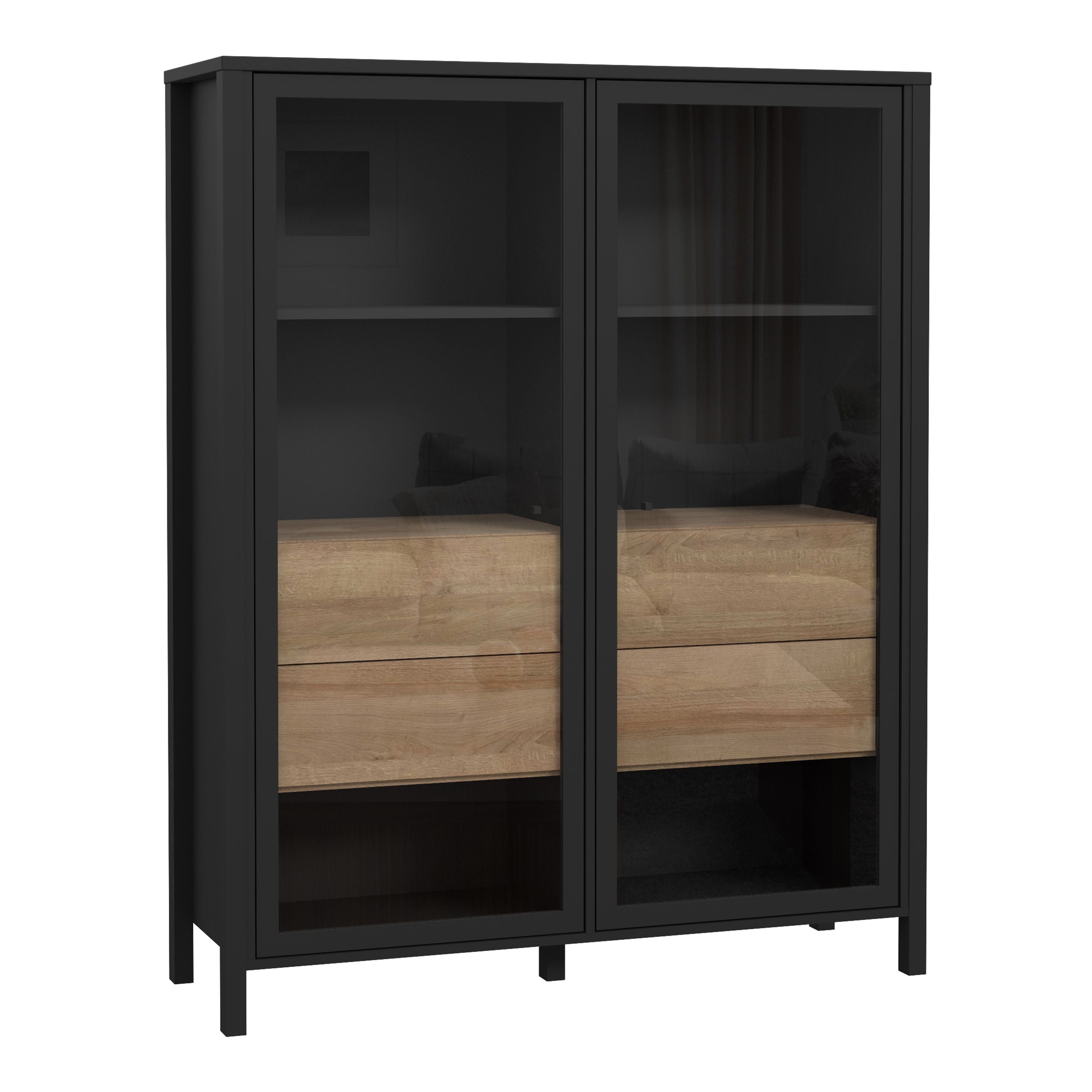 High Rock Extra Wide Display Cabinet Unit In Matt Black and Riviera Oak - Price Crash Furniture