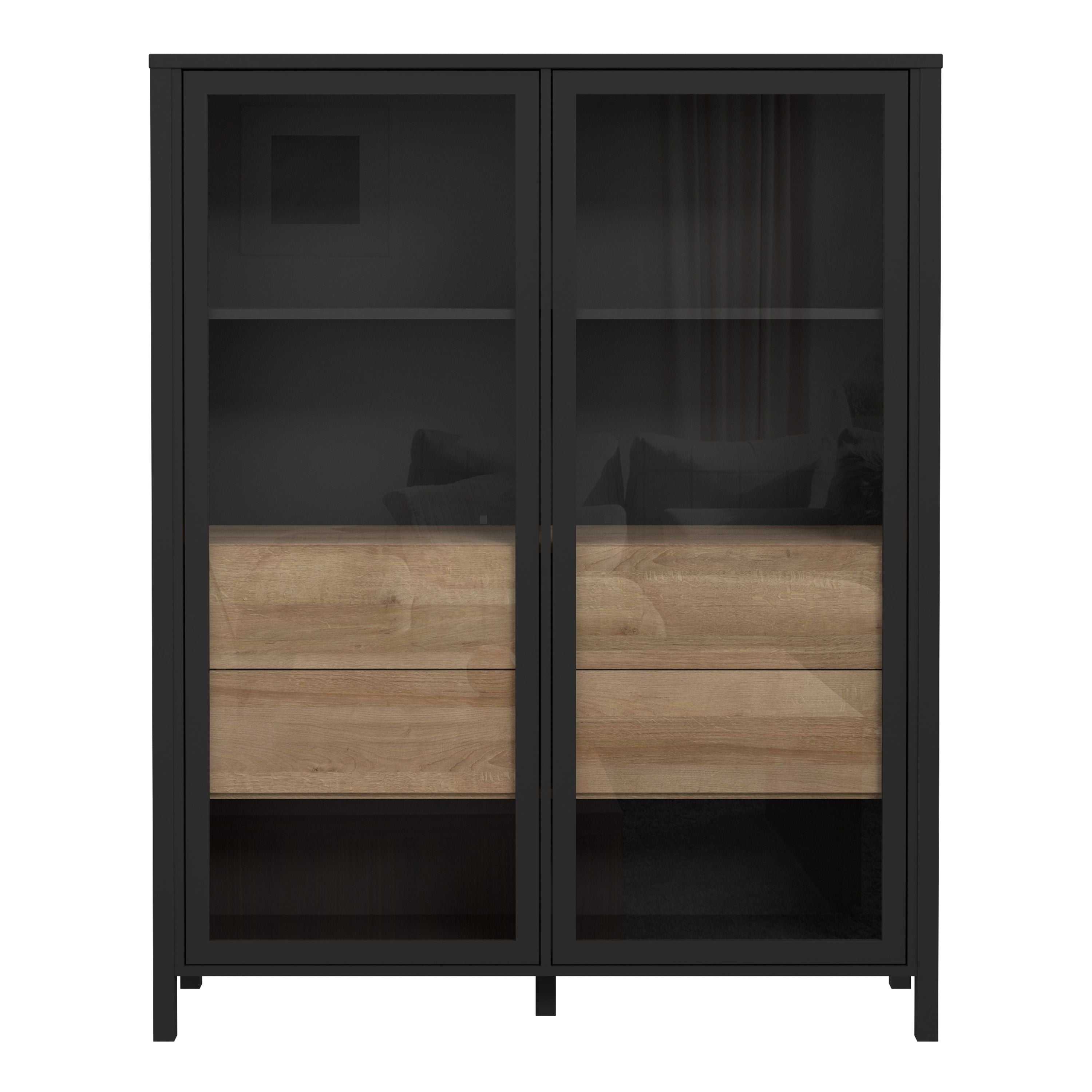 High Rock Extra Wide Display Cabinet Unit In Matt Black and Riviera Oak - Price Crash Furniture