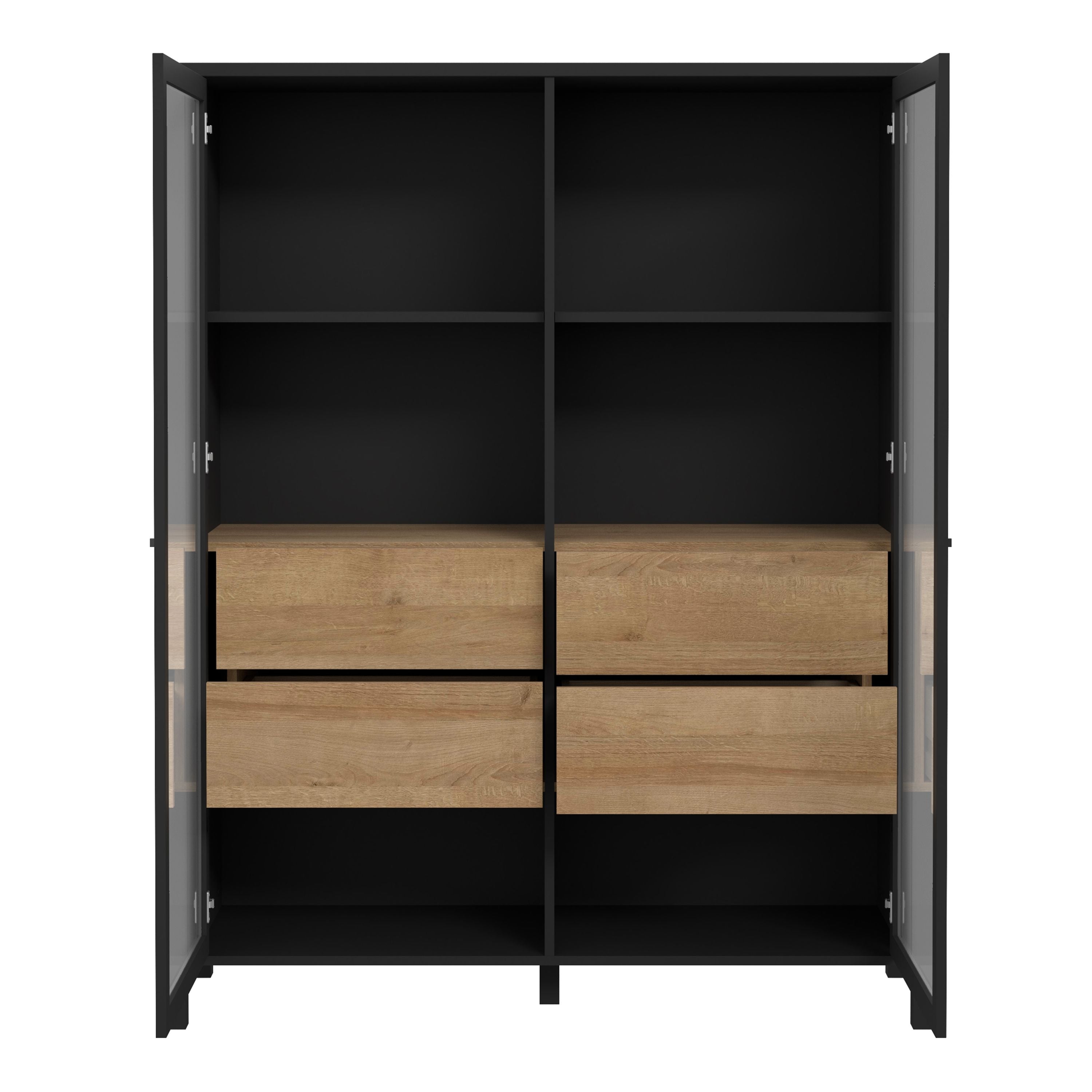 High Rock Extra Wide Display Cabinet Unit In Matt Black and Riviera Oak - Price Crash Furniture