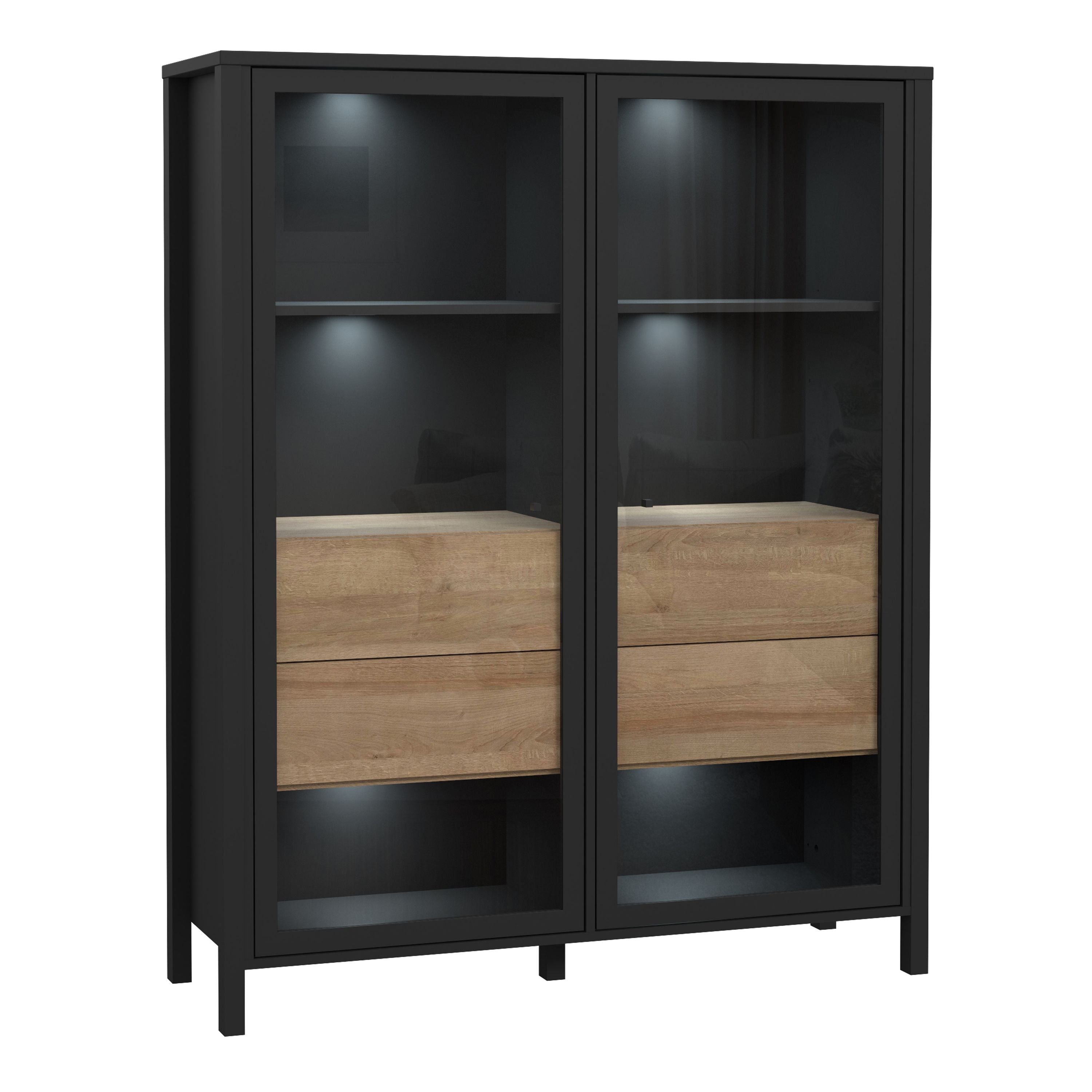 High Rock Extra Wide Display Cabinet Unit In Matt Black and Riviera Oak - Price Crash Furniture