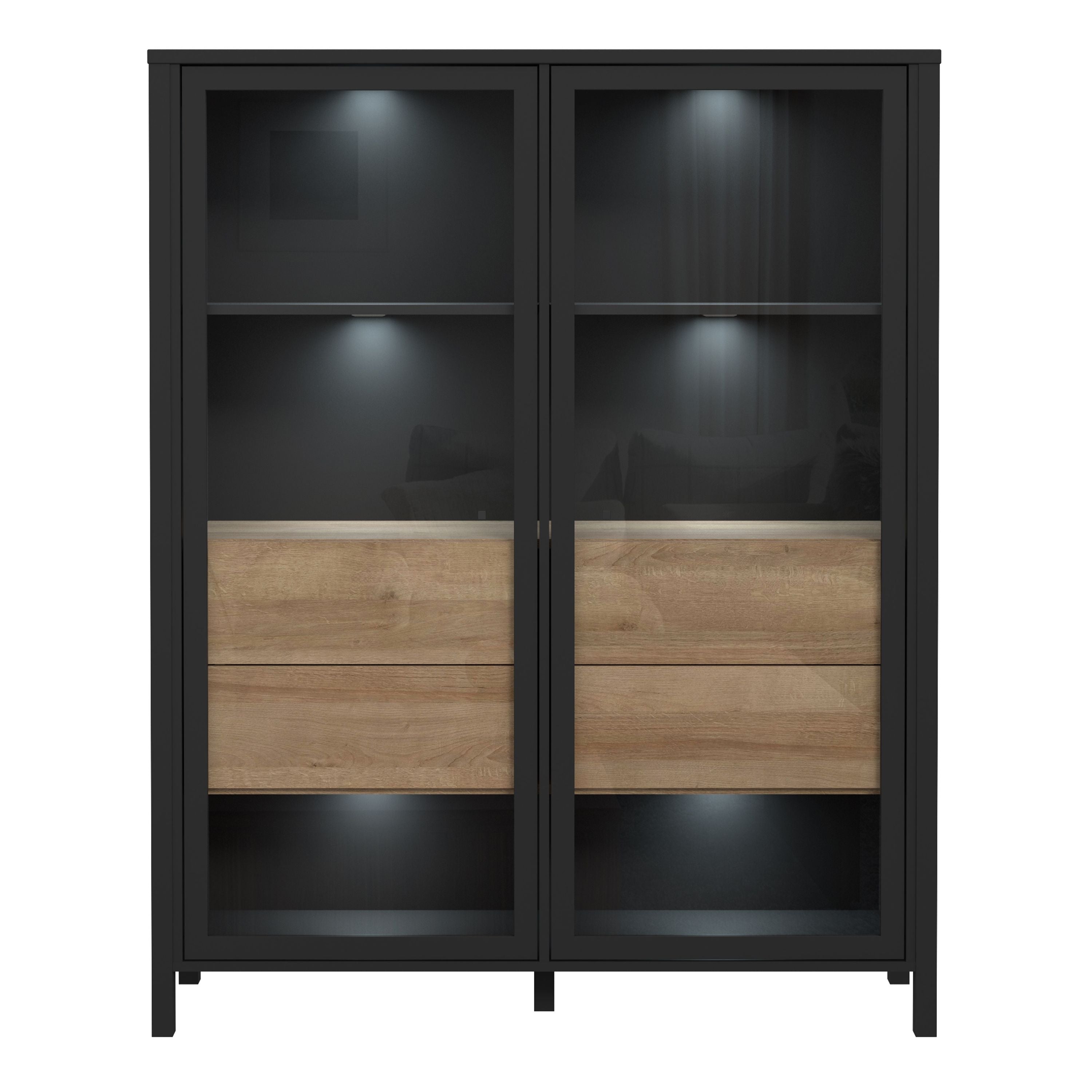 High Rock Extra Wide Display Cabinet Unit In Matt Black and Riviera Oak - Price Crash Furniture