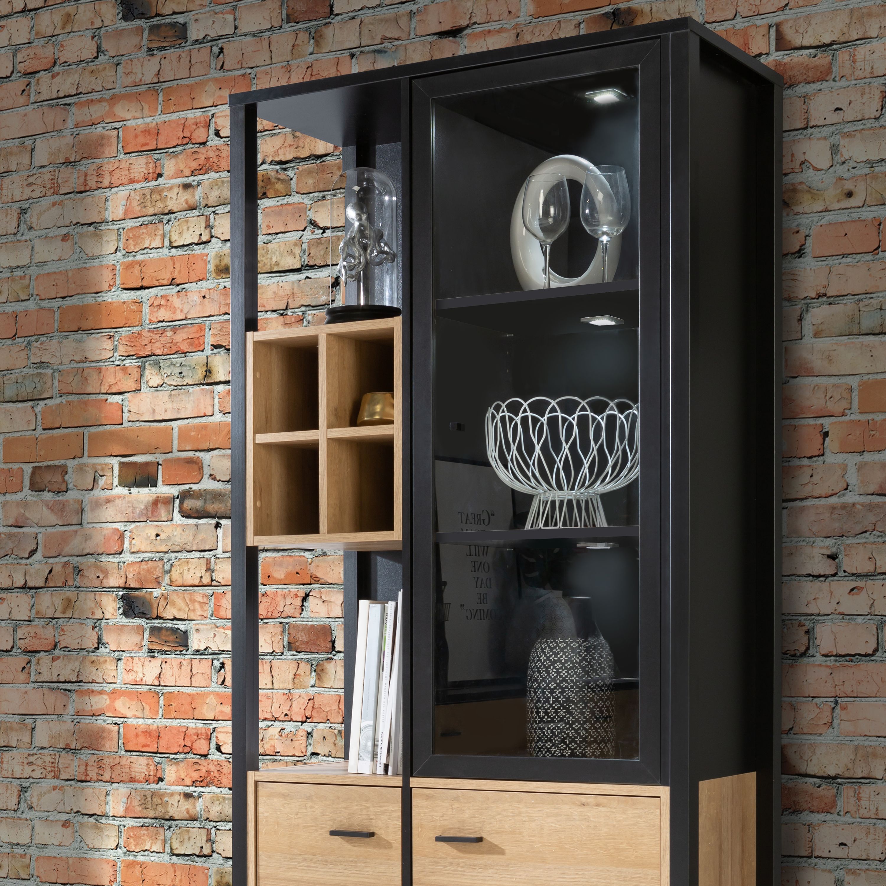 High Rock Display Cabinet Unit In Matt Black & Riviera Oak - Price Crash Furniture