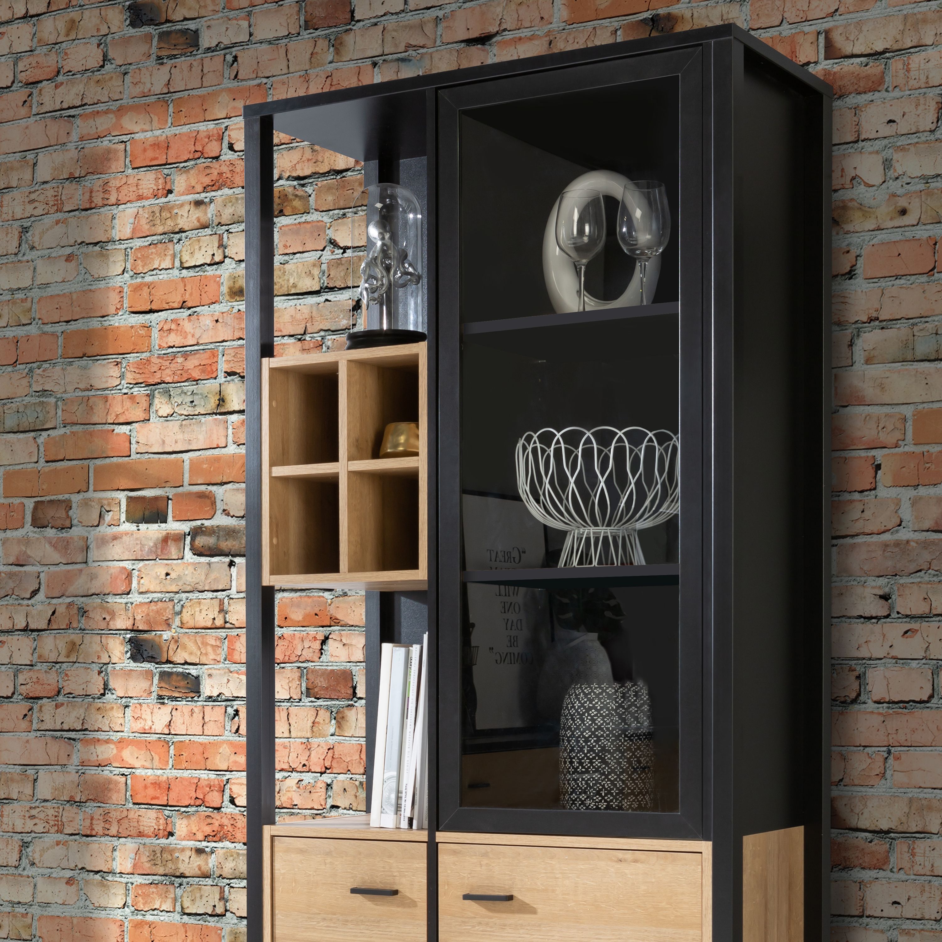 High Rock Display Cabinet Unit In Matt Black & Riviera Oak - Price Crash Furniture