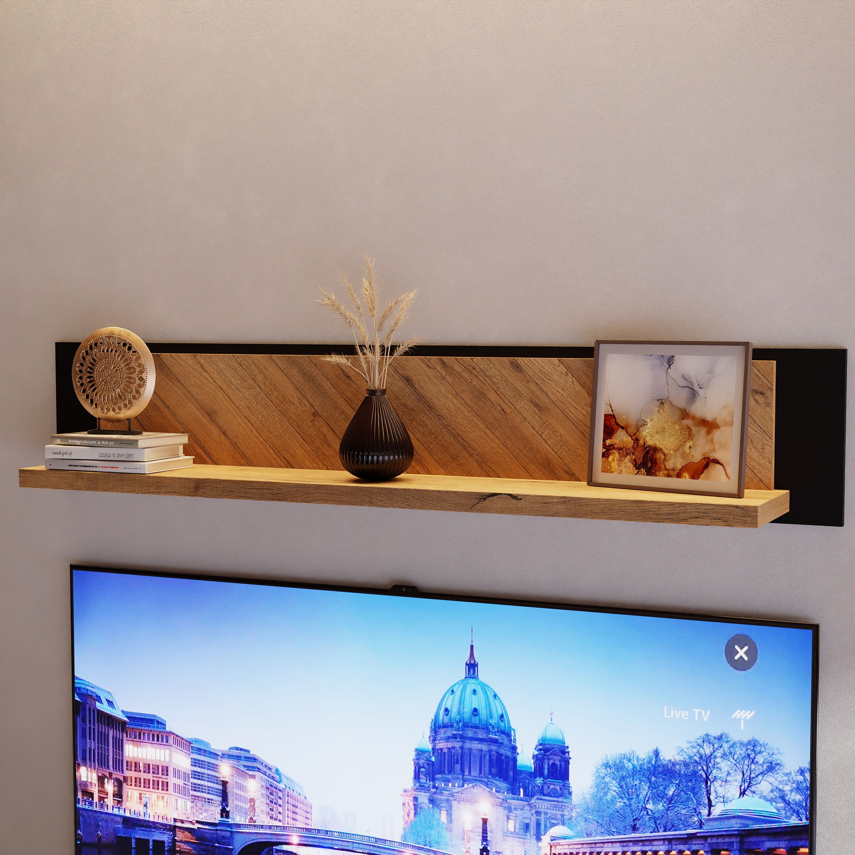 Nikomedes Floating Wall Shelf 140cm In Oak & Black - Price Crash Furniture