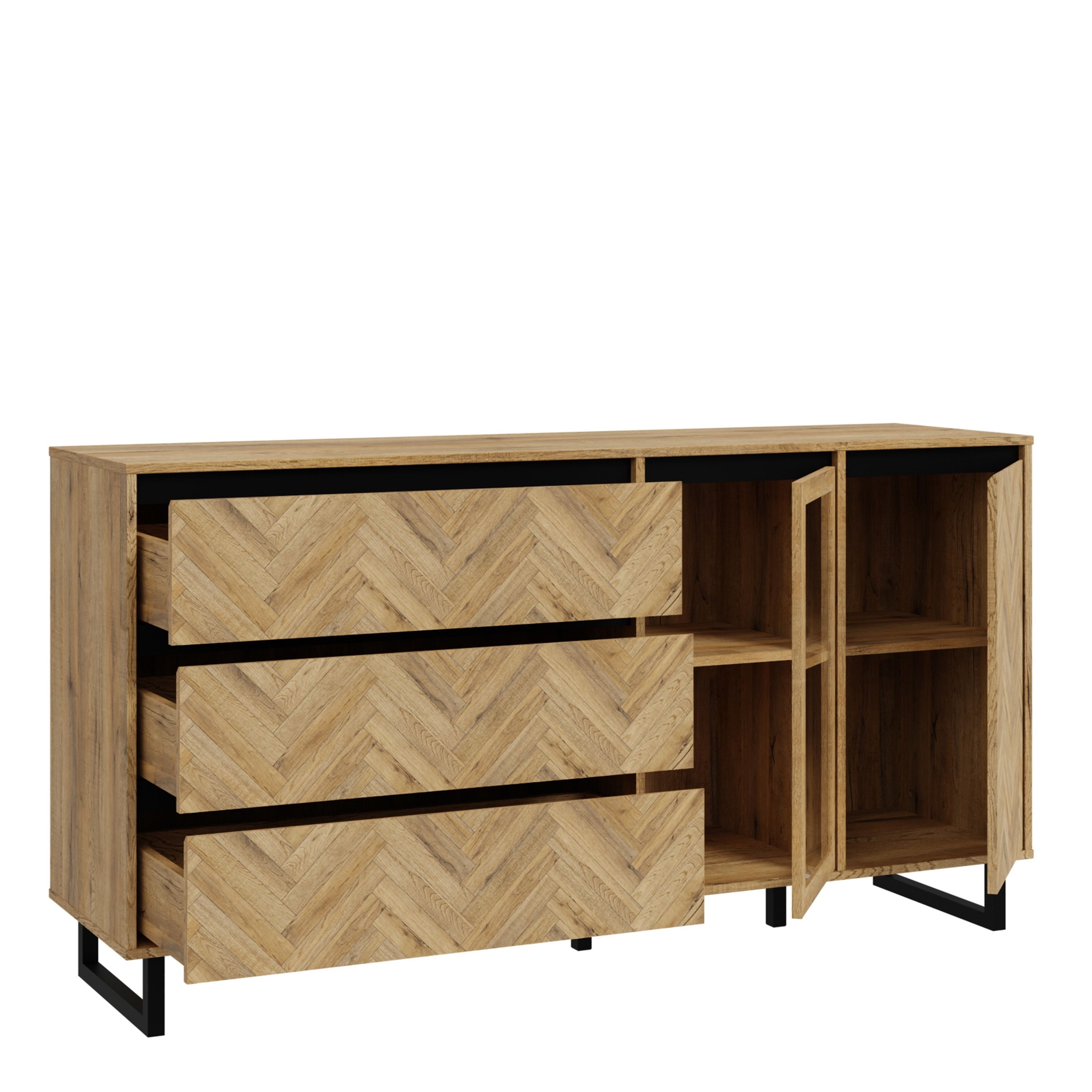 Nikomedes Wide Sideboard Buffet Unit In Oak Parquet Finish - Price Crash Furniture