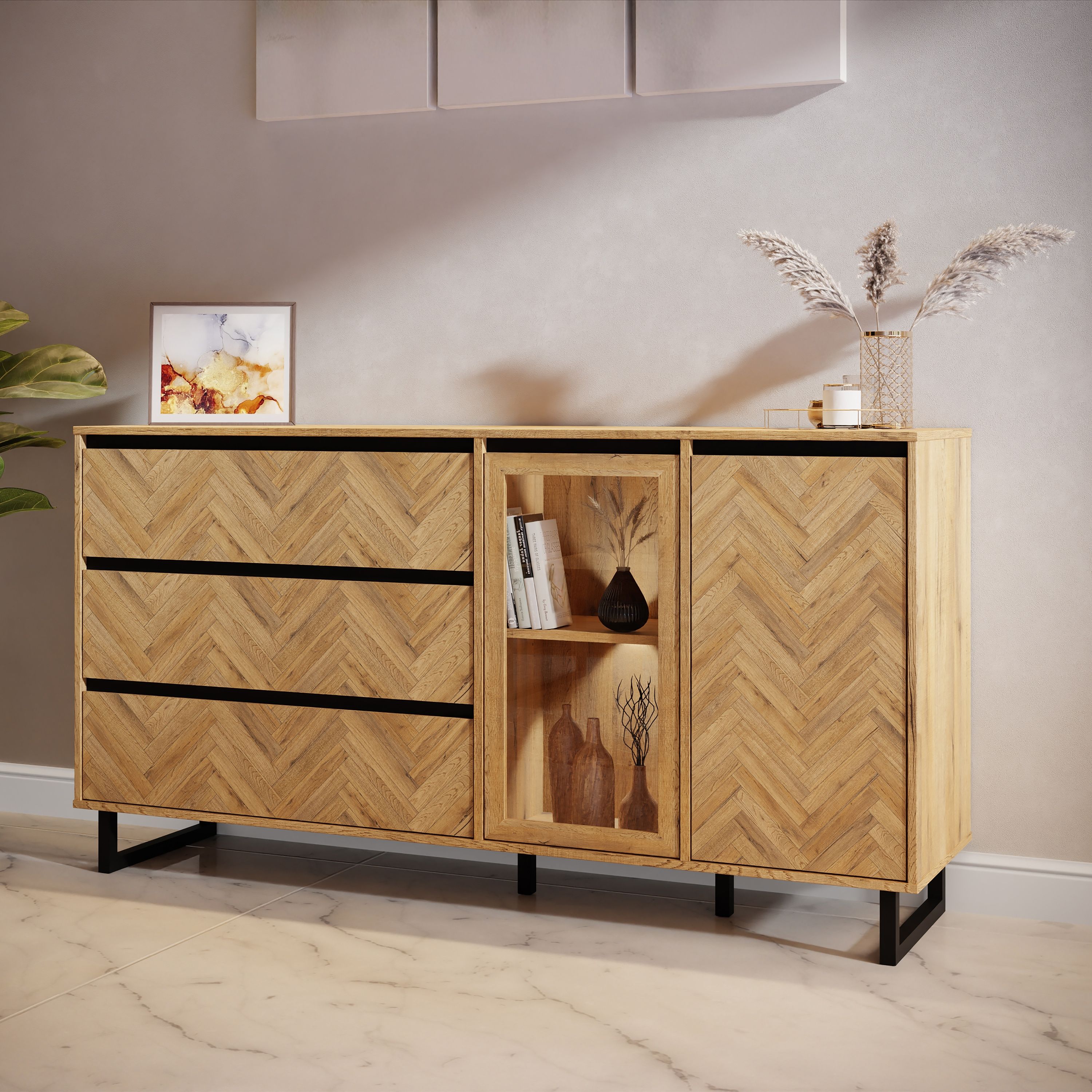 Nikomedes Wide Sideboard Buffet Unit In Oak Parquet Finish - Price Crash Furniture