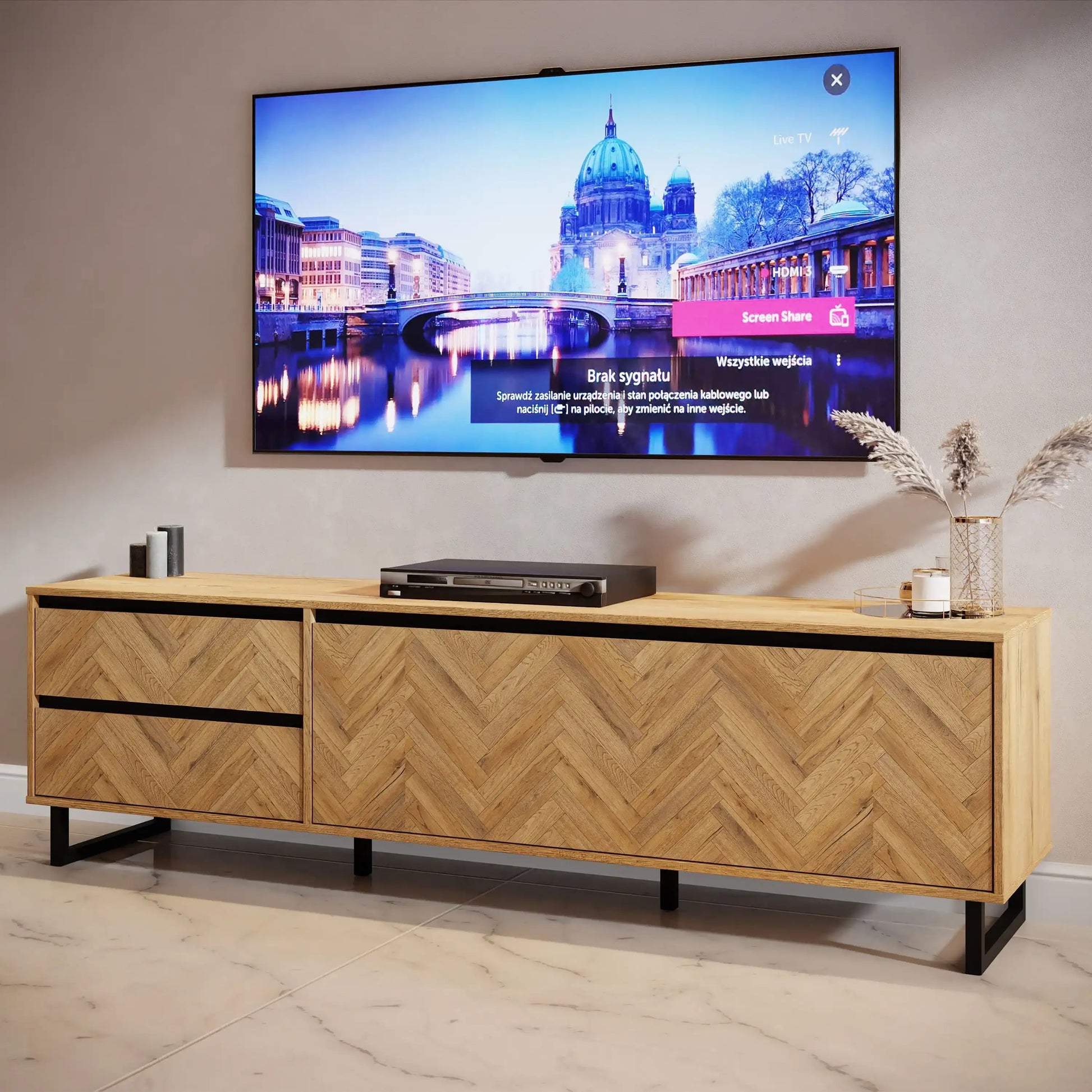 Nikomedes TV Cabinet Unit In Herringbone Parquet Style Oak Finish - Price Crash Furniture