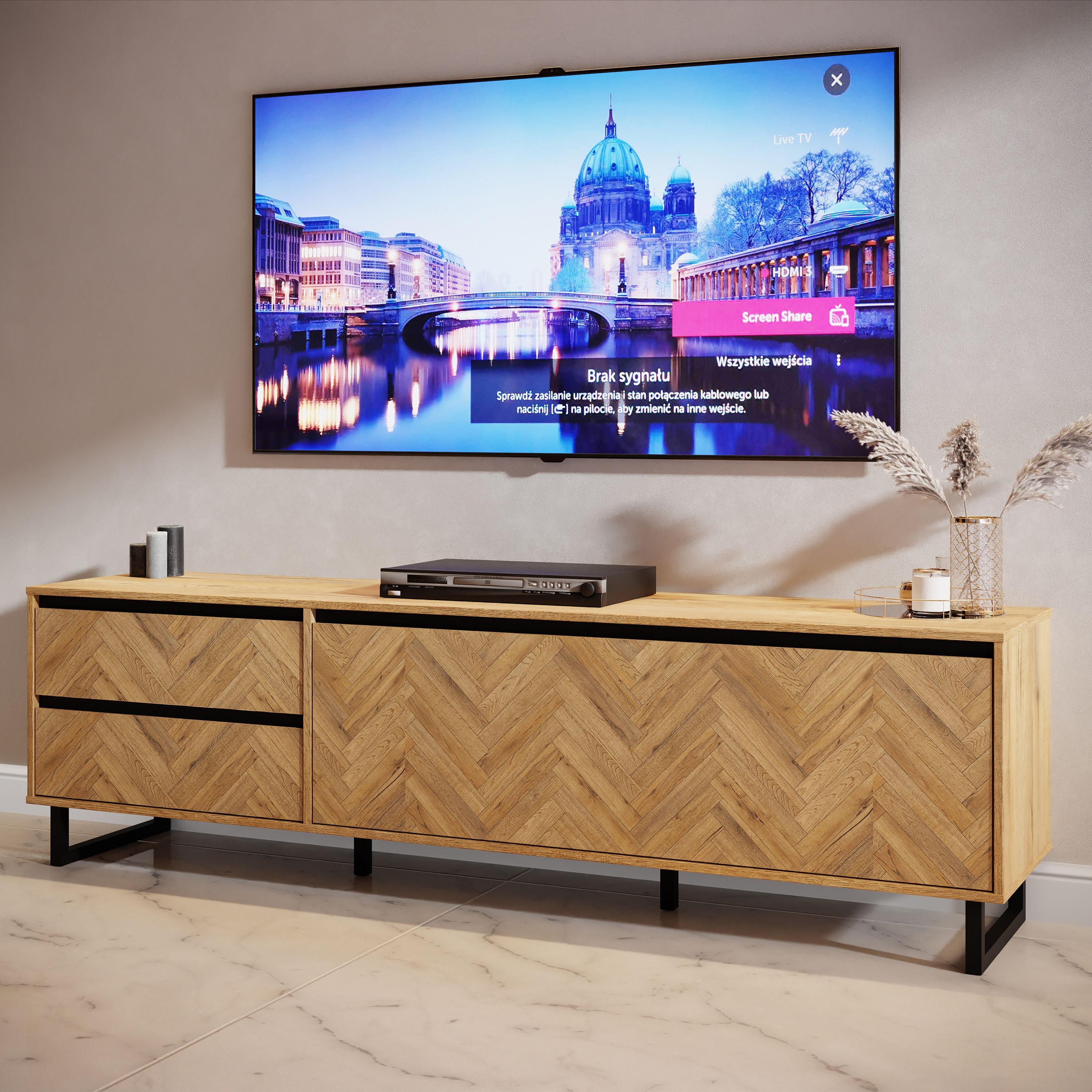 Nikomedes TV Cabinet Unit In Herringbone Parquet Style Oak Finish - Price Crash Furniture