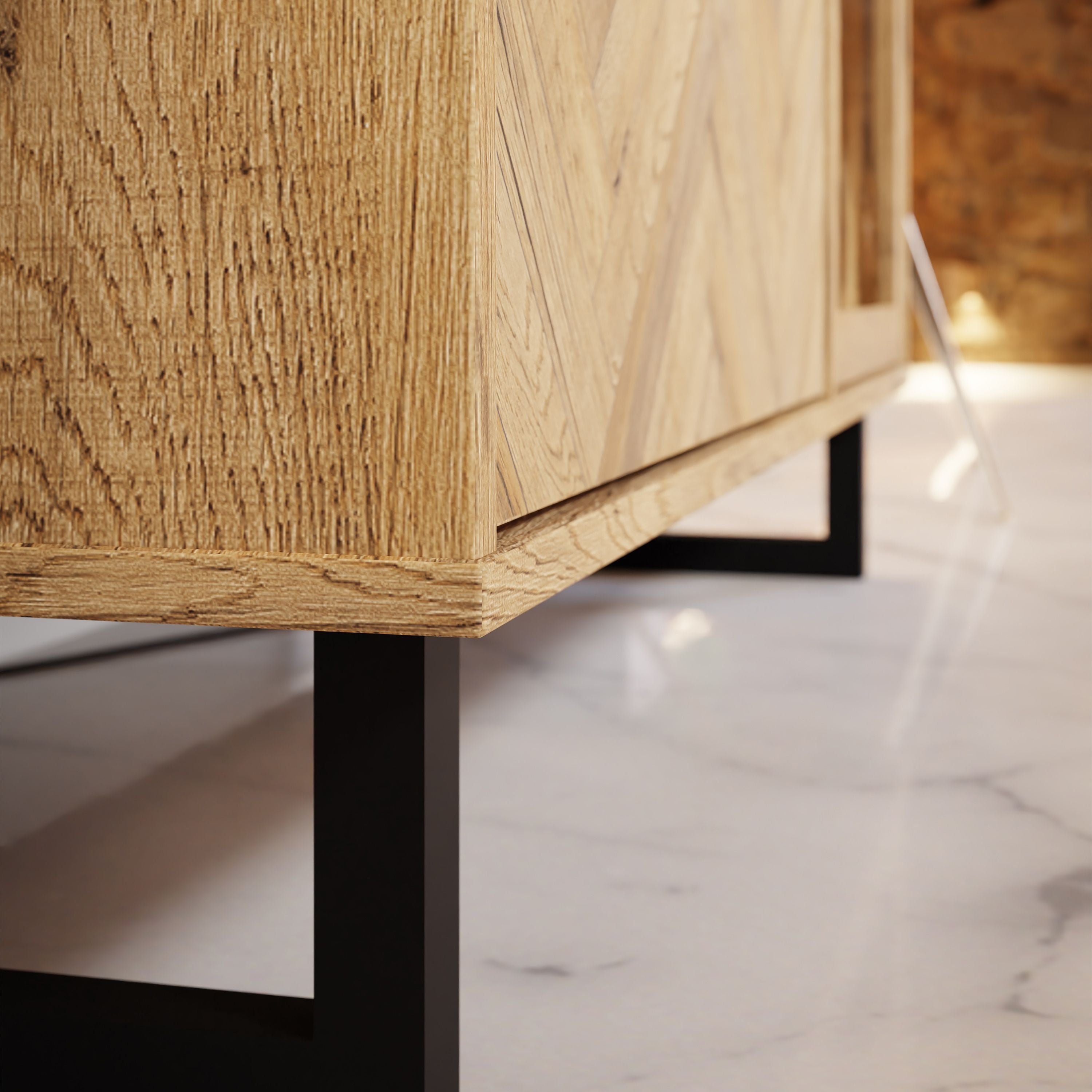 Nikomedes TV Cabinet Unit In Herringbone Parquet Style Oak Finish - Price Crash Furniture