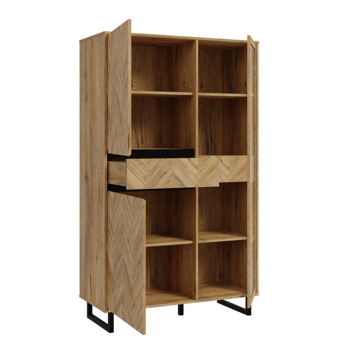 Nikomedes Display Cabinet In Spica Oak, Matt Black & Bartex Oak - Price Crash Furniture