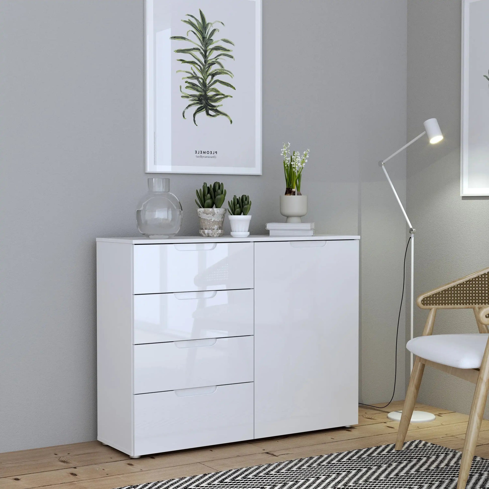Sienna 4 Drawer Chest Of Drawers with 1 Door In White High Gloss - Price Crash Furniture