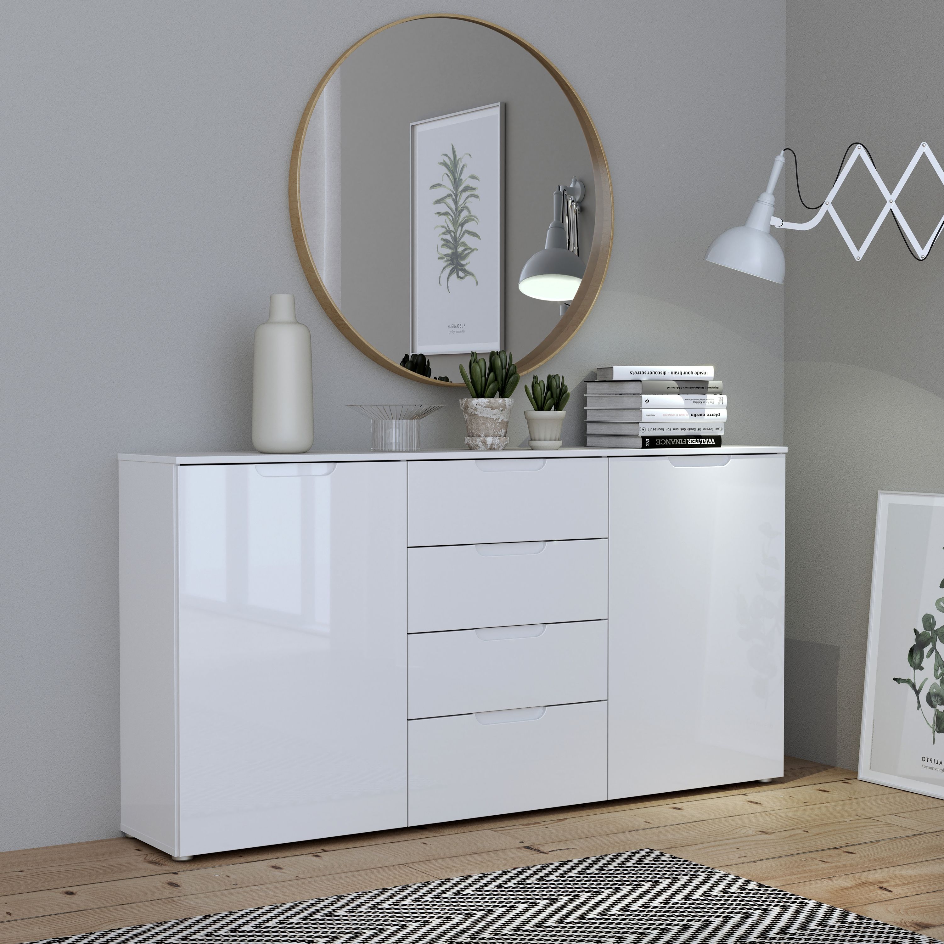 Sienna Large Wide Chest Of 4 Drawers And 2 Doors In White High Gloss - Price Crash Furniture