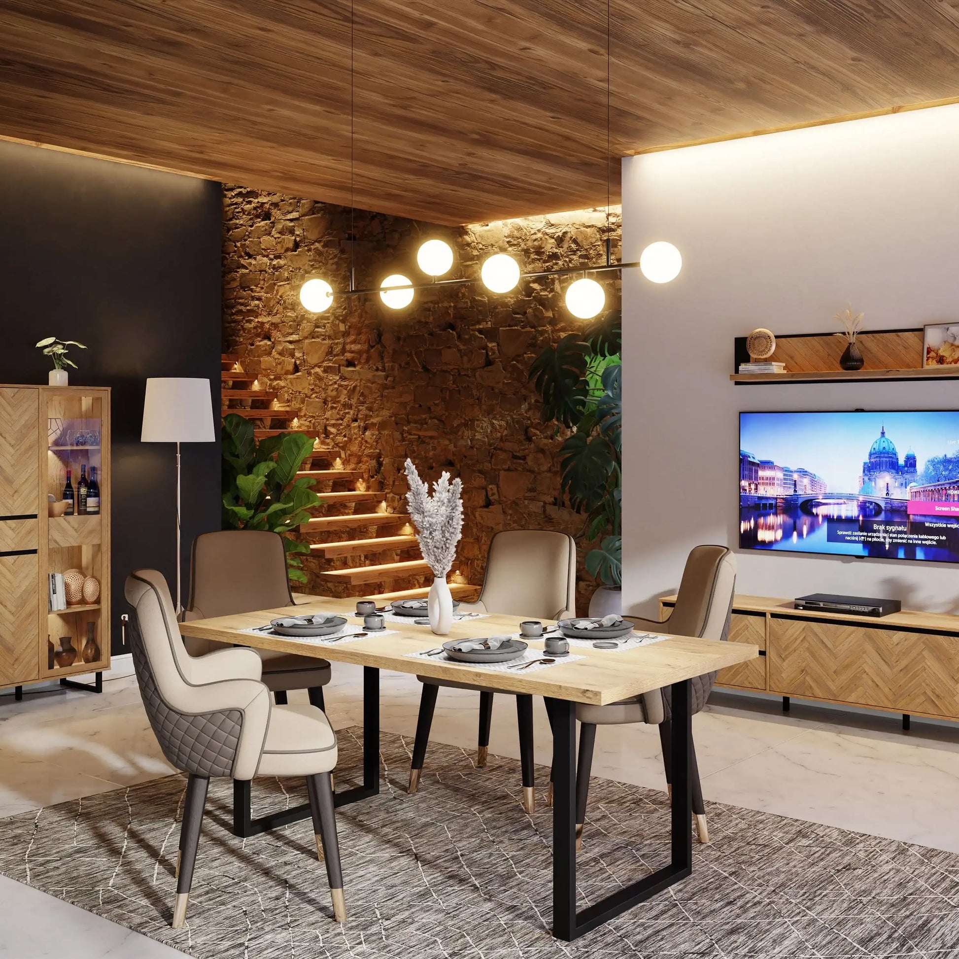 Nikomedes 180 cm Dining Table In Bartex Oak & Black Frame - Price Crash Furniture