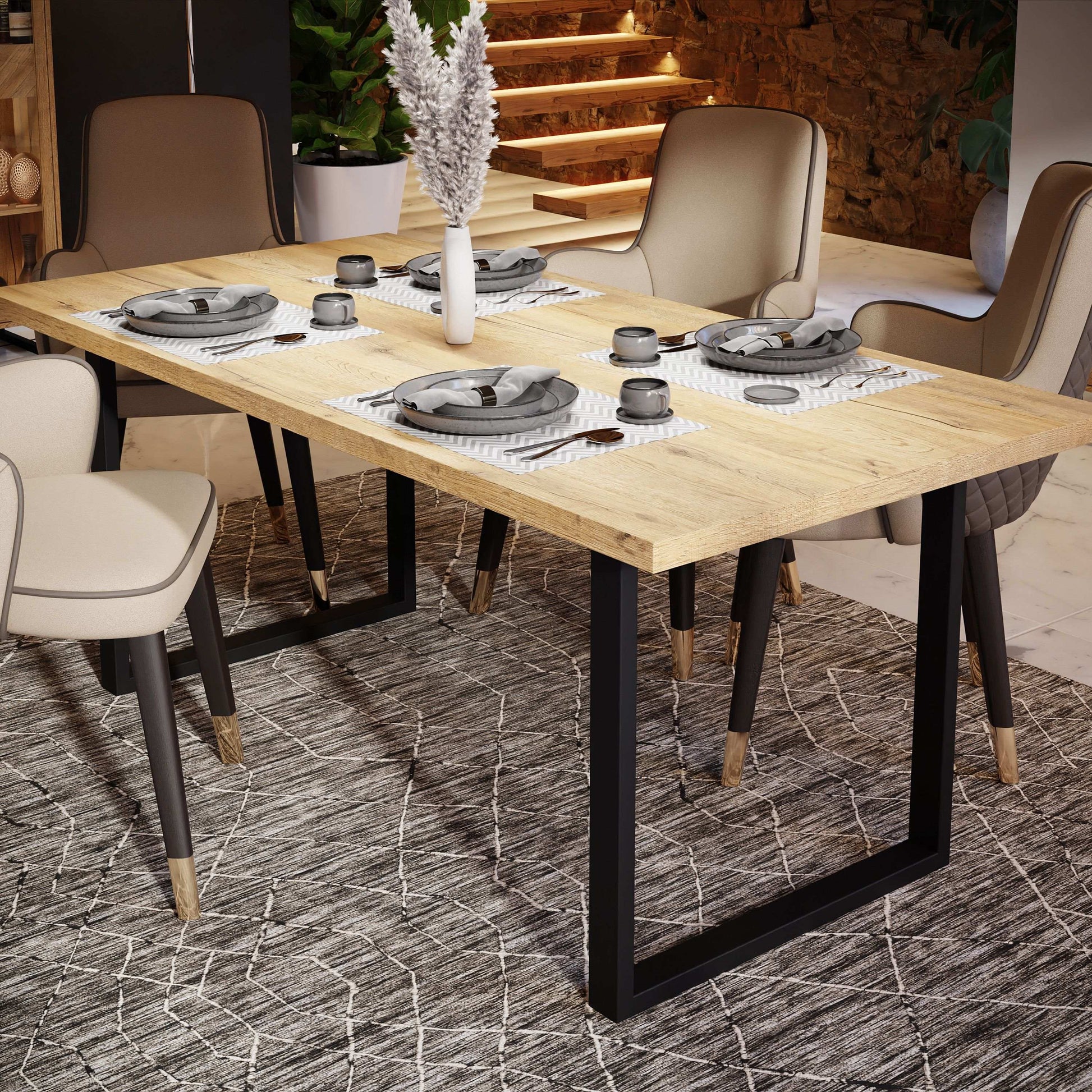Nikomedes 180 cm Dining Table In Bartex Oak & Black Frame - Price Crash Furniture