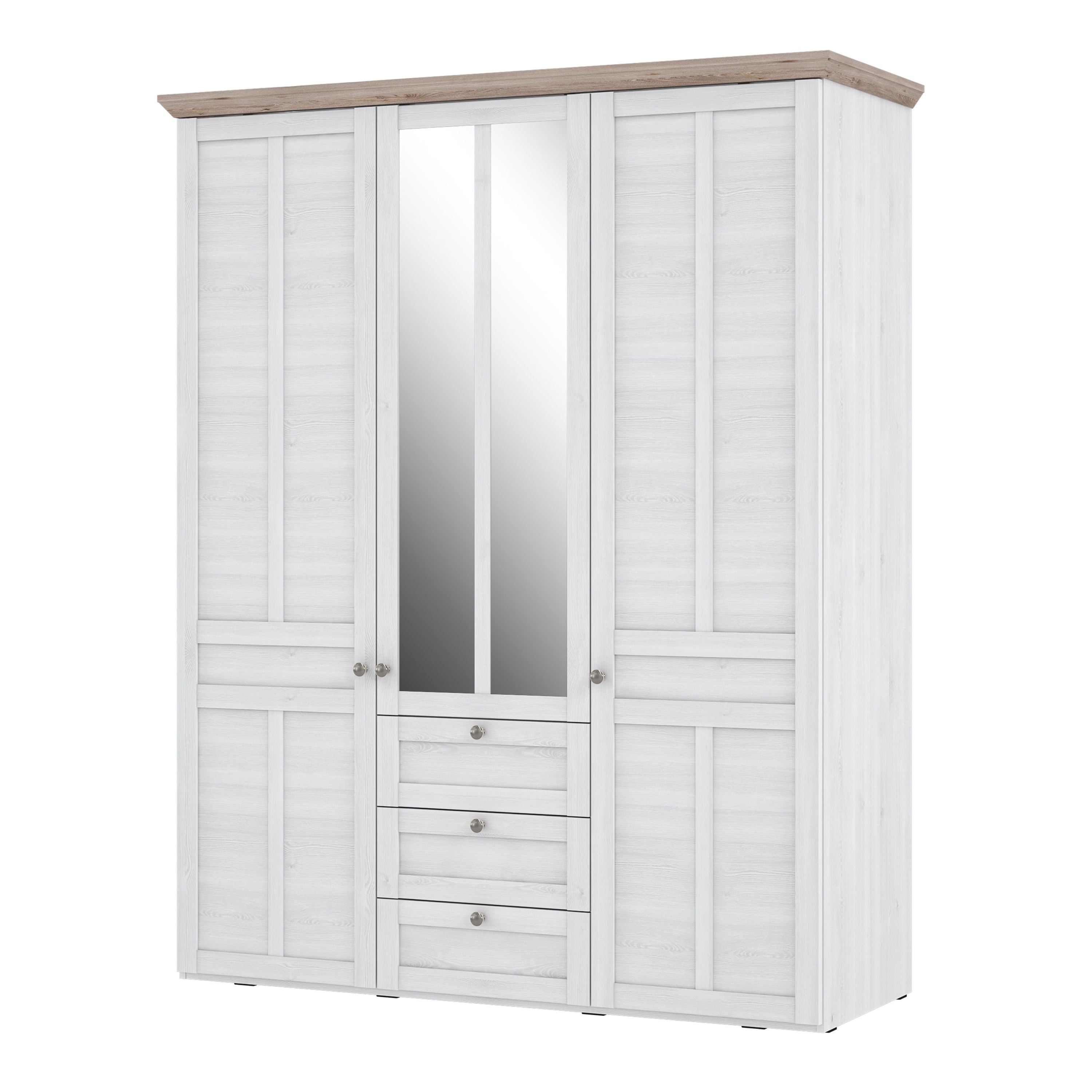 Iloppa 3 Door 3 Drawer Mirrored Wardrobe In Oak & White - Price Crash Furniture