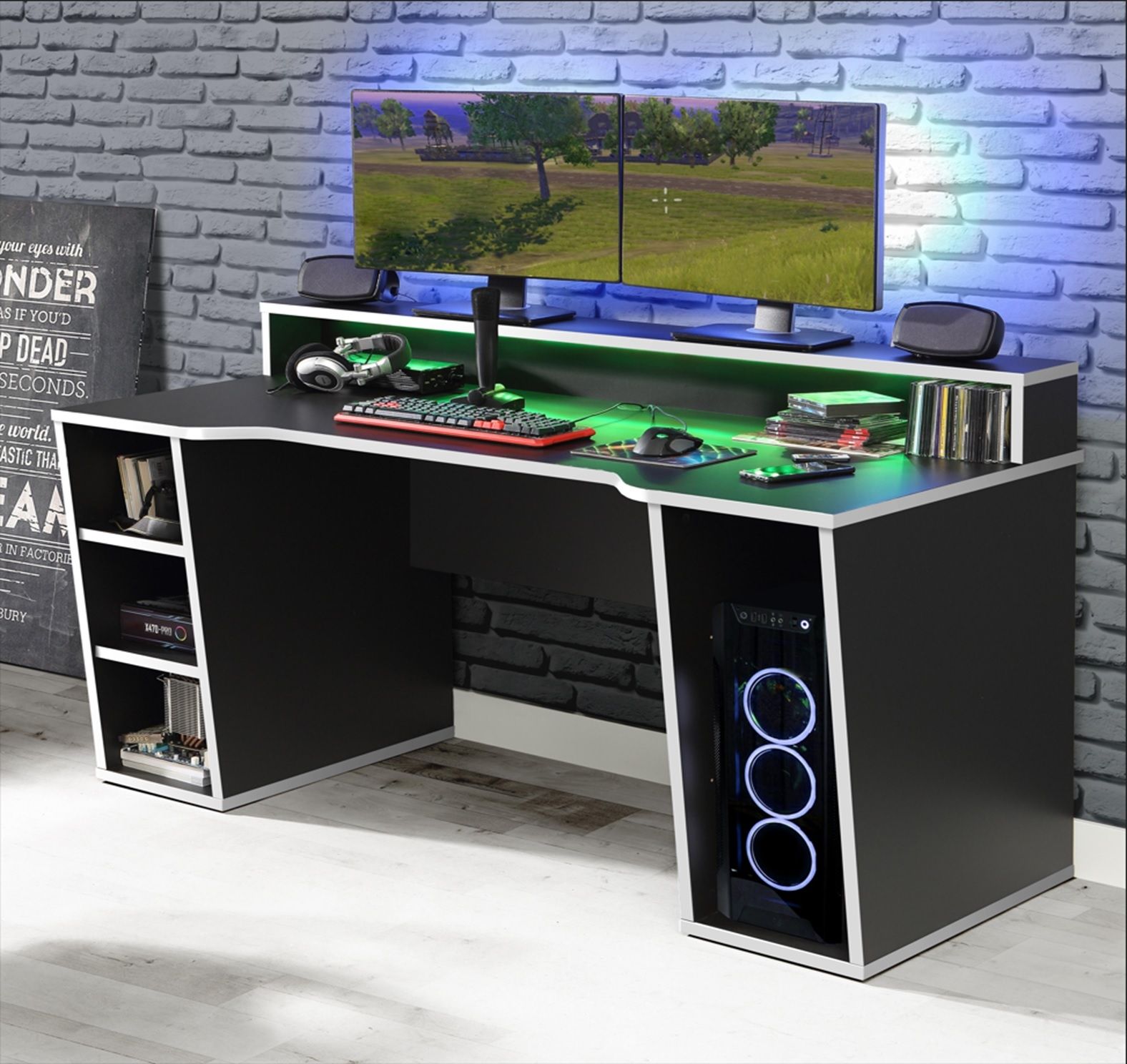 Tezaur Gaming Desk With LED In Black & White - Price Crash Furniture