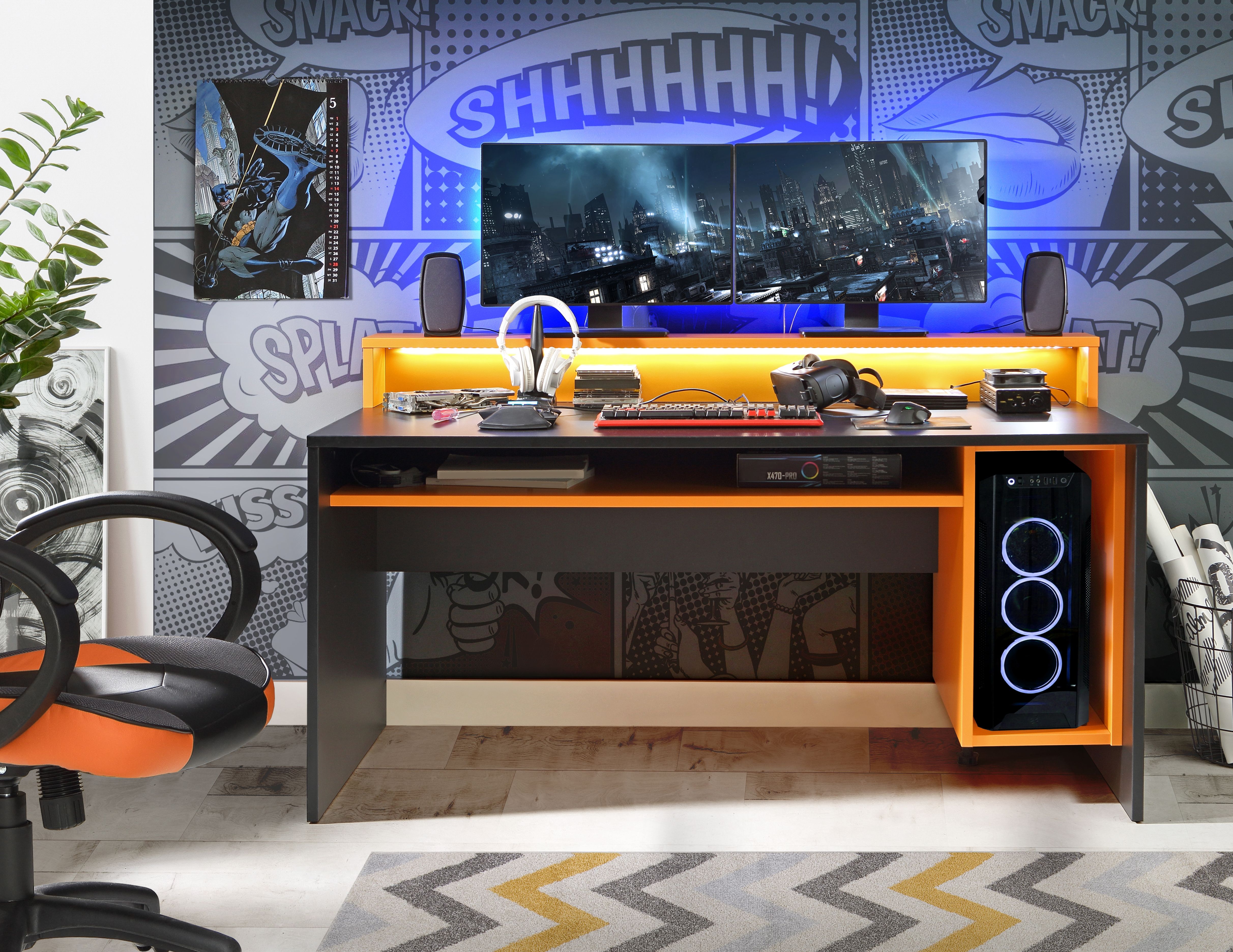 Tezaur Gaming Desk With LED Lighting In Matt Black & Orange - Price Crash Furniture