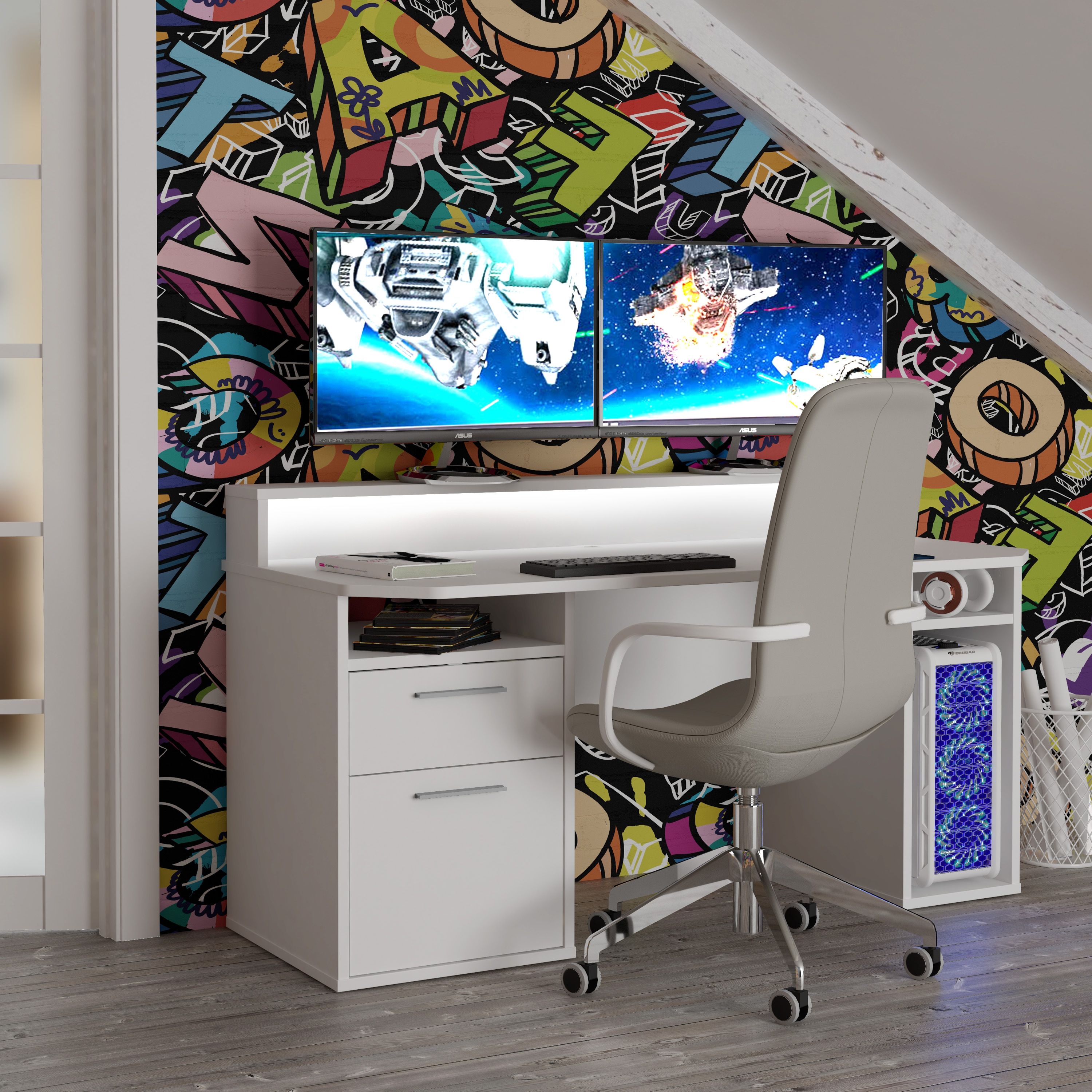 Tezaur Gaming Desk With Blue LED In White - Price Crash Furniture