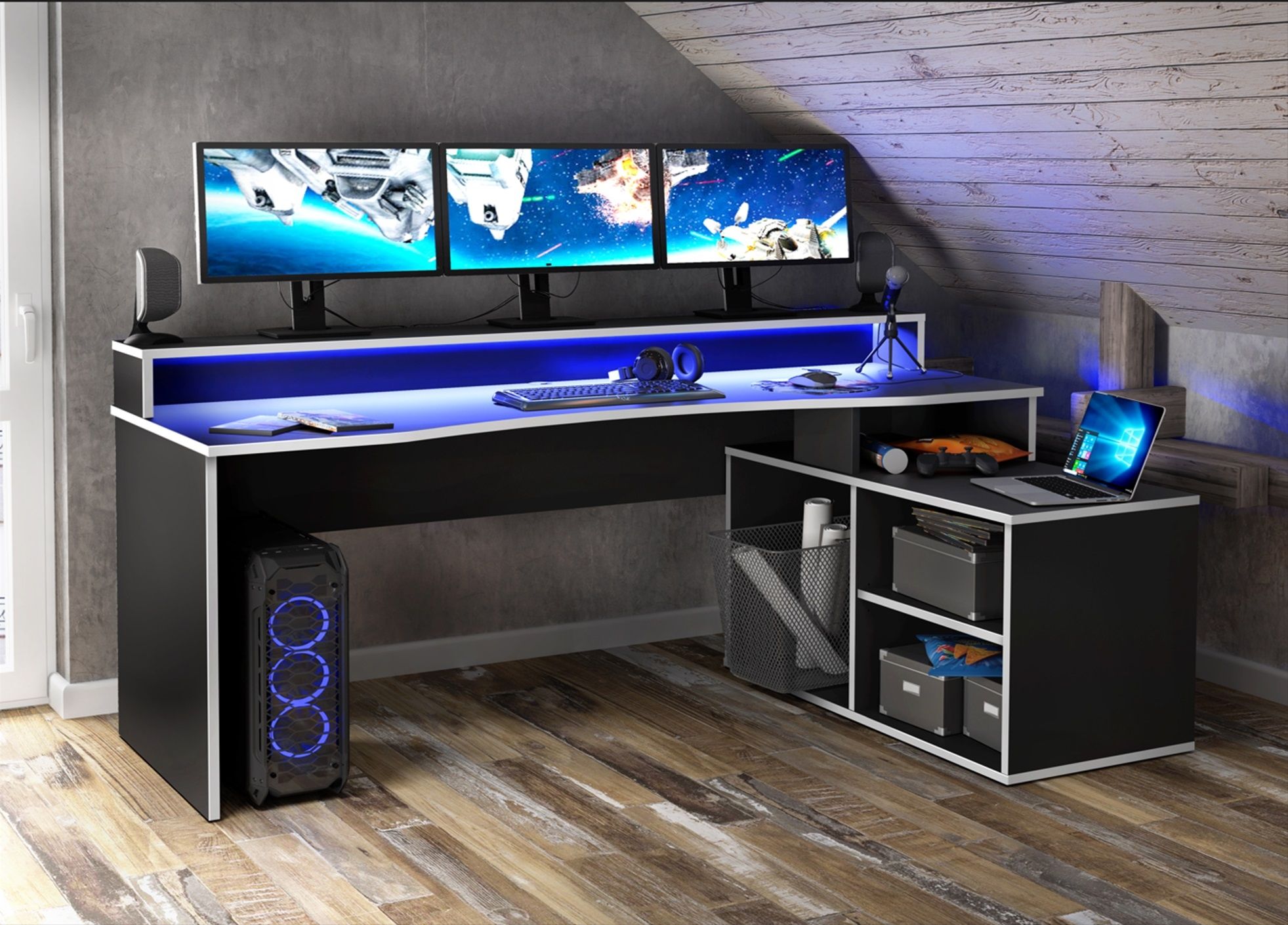 Tezaur Gaming Desk With LED In Black & White - Price Crash Furniture