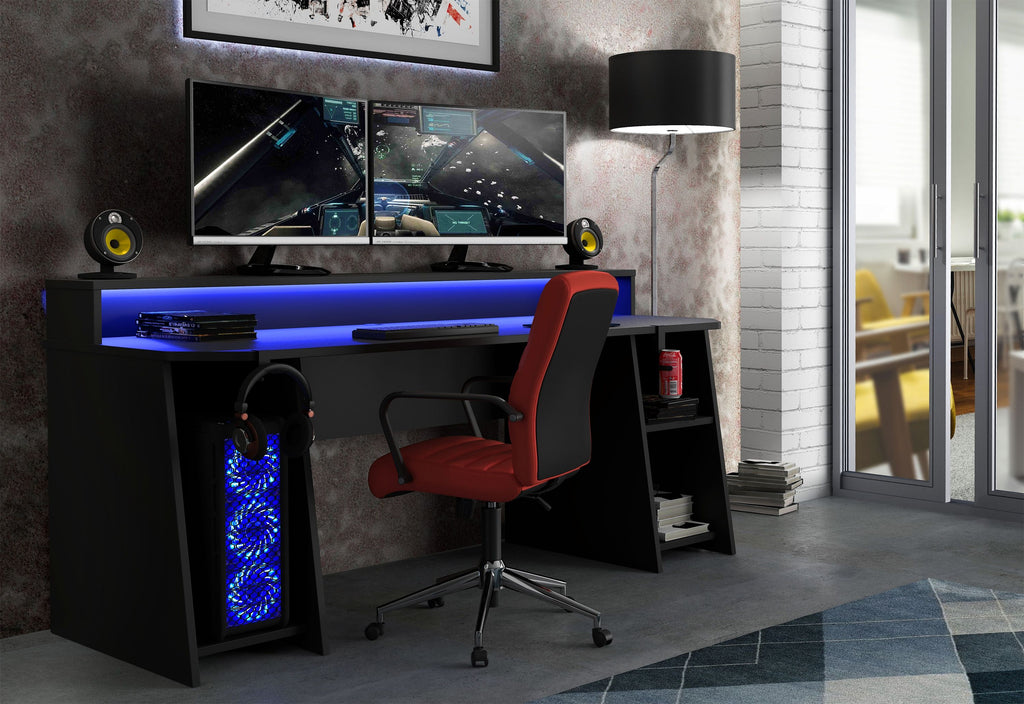 Tezaur Gaming Desk With Blue LED In Matt Black - Price Crash Furniture