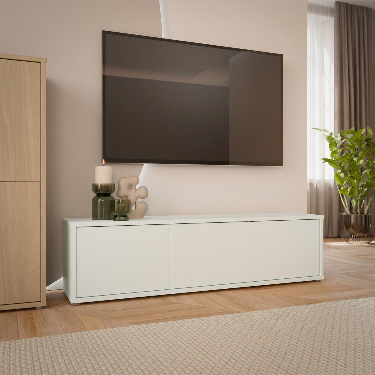 Alice Springs Wide TV Cabinet With 3 Push To Open Doors In Light Grey