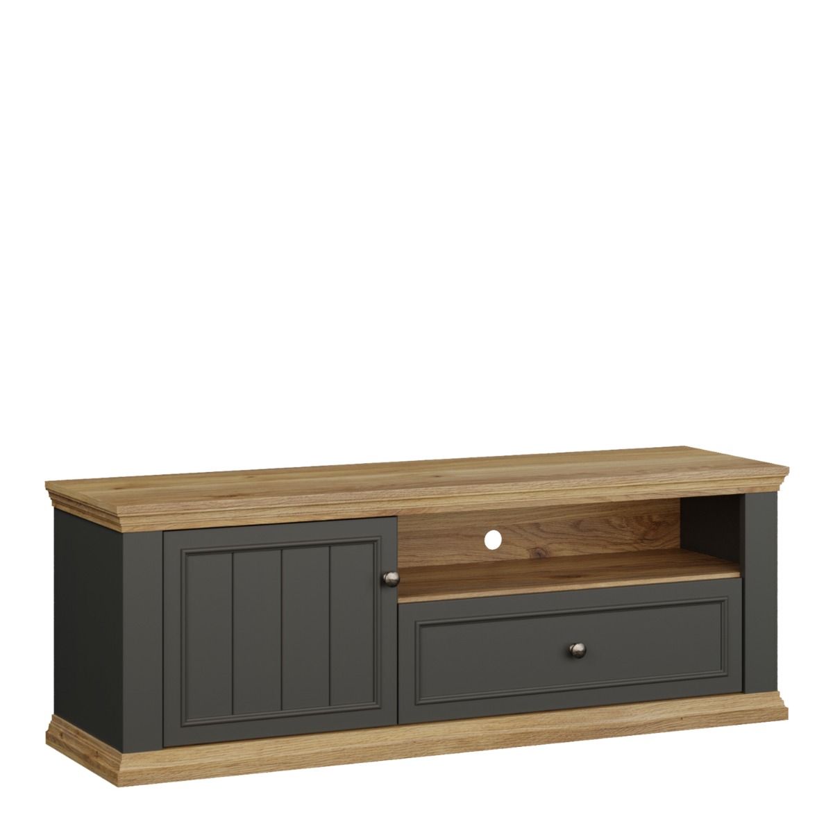 Pontypool TV Cabinet With Drawer & Open Shelf In Grey And Mauvella Oak