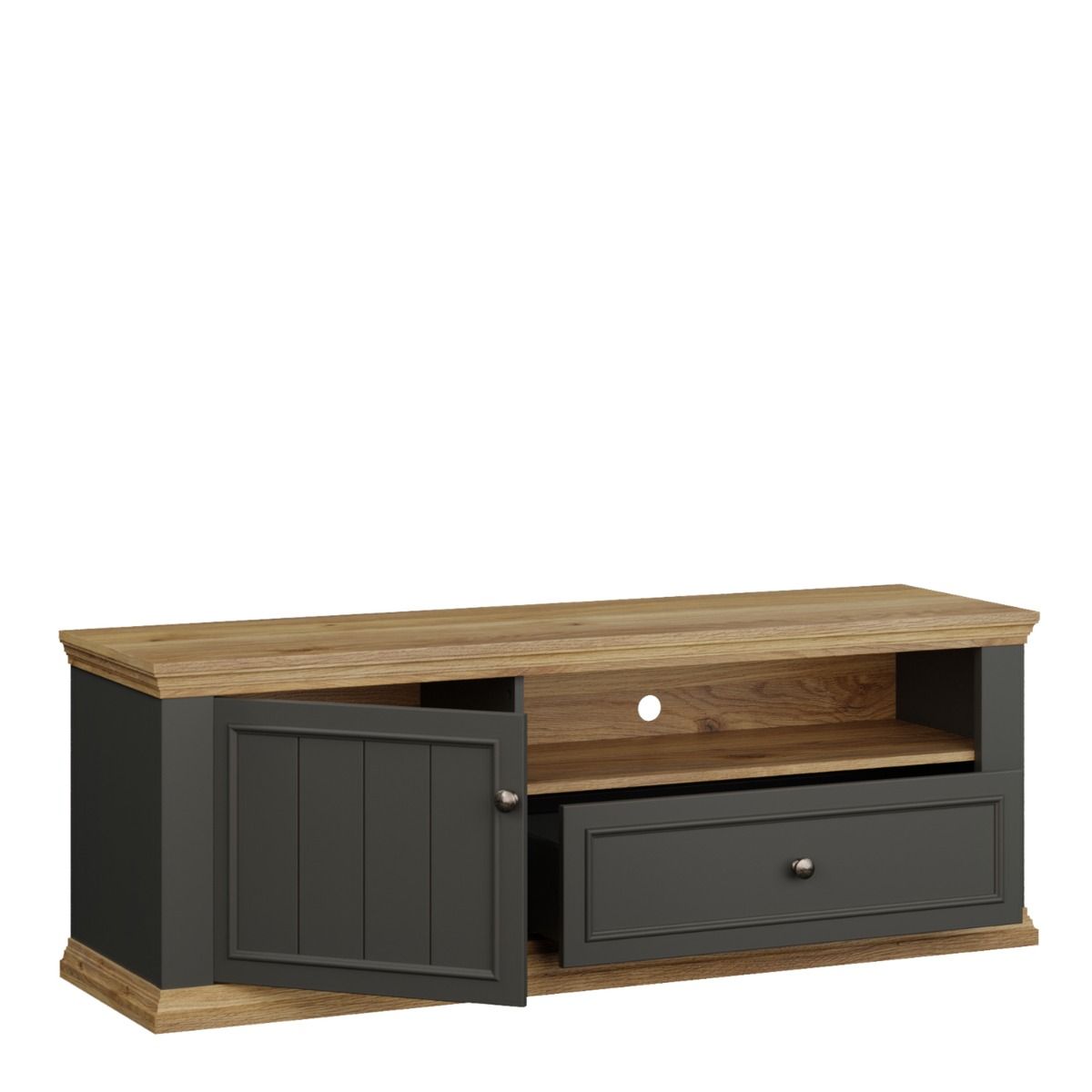 Pontypool TV Cabinet With Drawer & Open Shelf In Grey And Mauvella Oak
