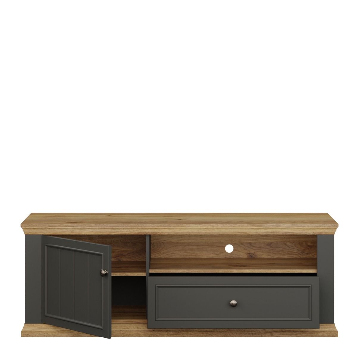 Pontypool TV Cabinet With Drawer & Open Shelf In Grey And Mauvella Oak