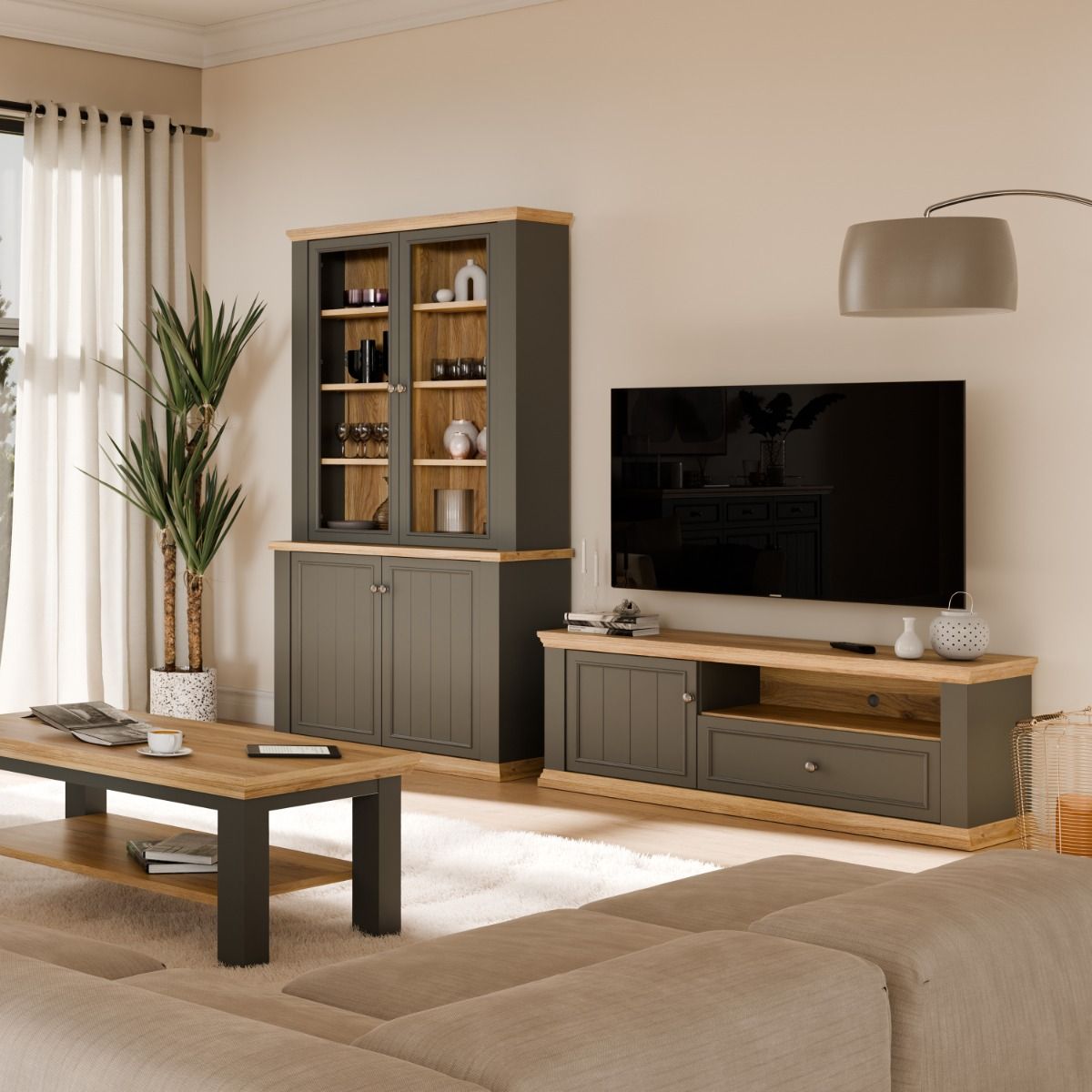 Pontypool TV Cabinet With Drawer & Open Shelf In Grey And Mauvella Oak