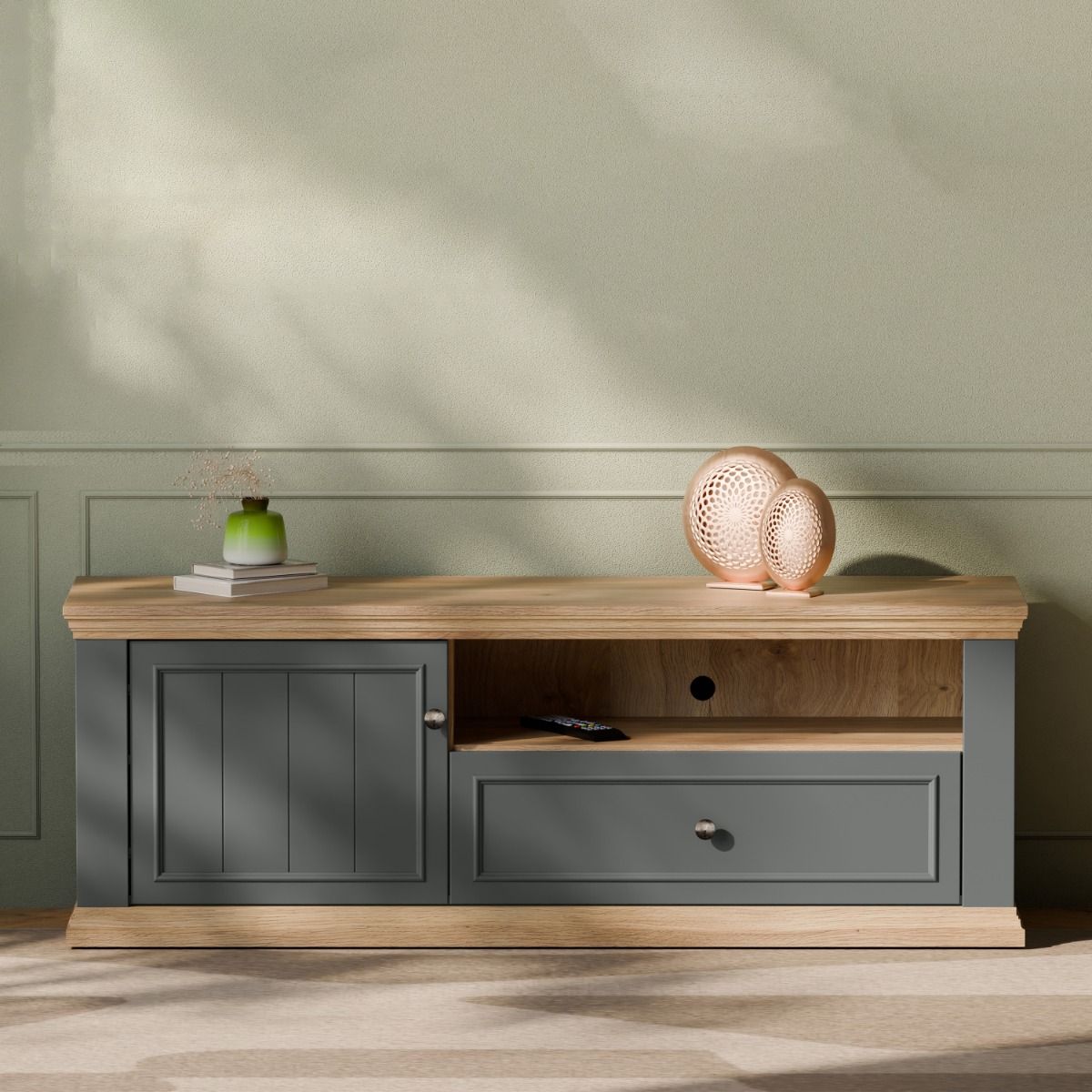 Pontypool TV Cabinet With Drawer & Open Shelf In Grey And Mauvella Oak