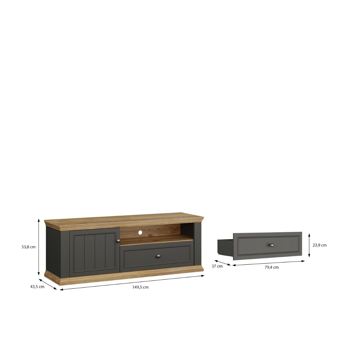 Pontypool TV Cabinet With Drawer & Open Shelf In Grey And Mauvella Oak