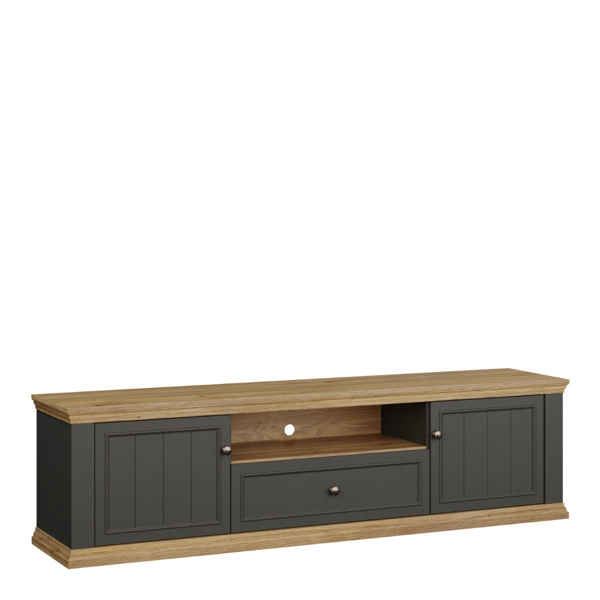 Pontypool Wide TV Cabinet With 2 Doors, Drawer & Open Shelf In Grey And Mauvella Oak
