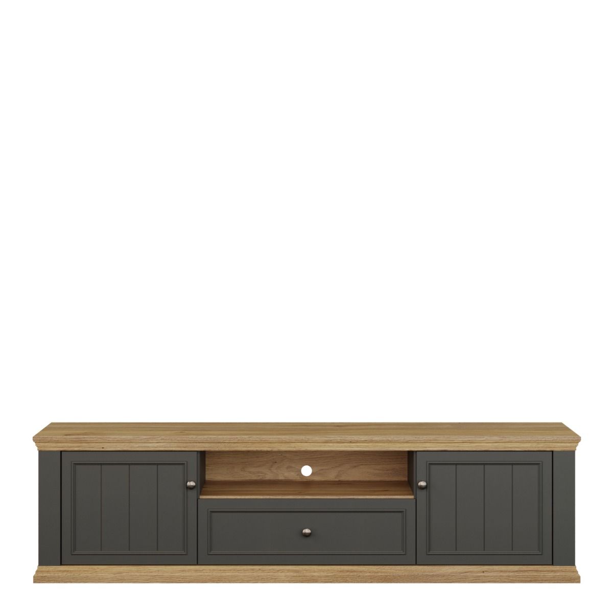 Pontypool Wide TV Cabinet With 2 Doors, Drawer & Open Shelf In Grey And Mauvella Oak