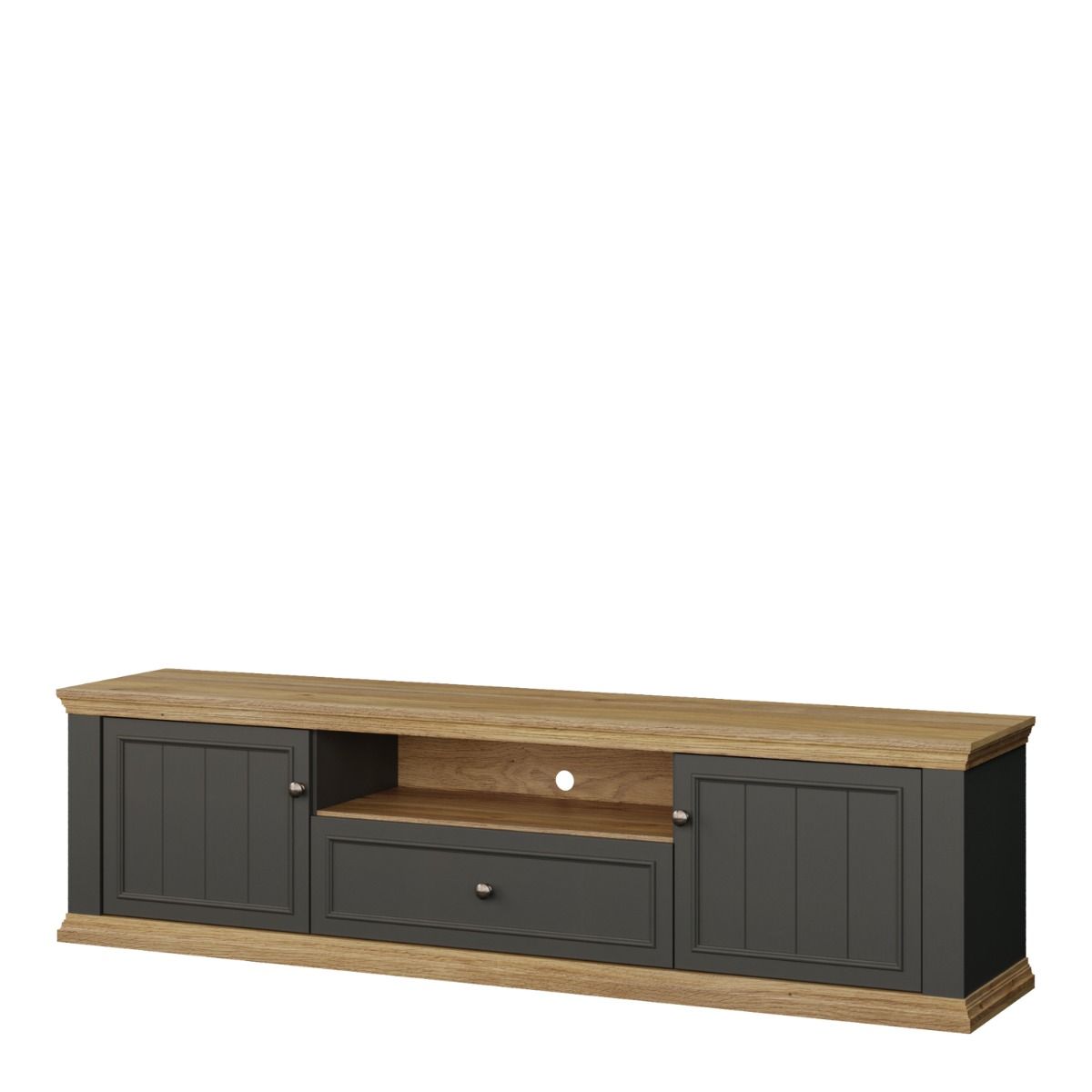 Pontypool Wide TV Cabinet With 2 Doors, Drawer & Open Shelf In Grey And Mauvella Oak