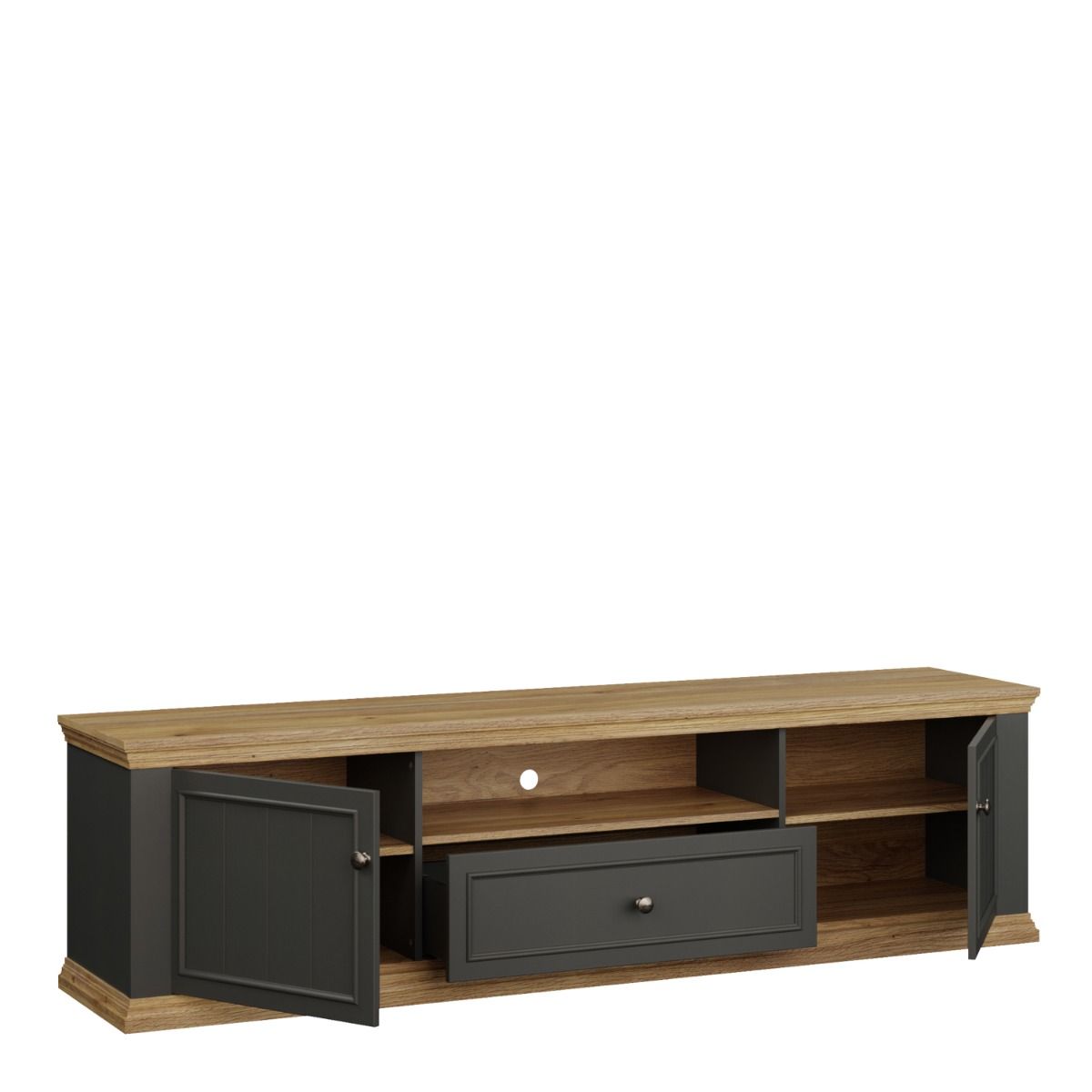 Pontypool Wide TV Cabinet With 2 Doors, Drawer & Open Shelf In Grey And Mauvella Oak