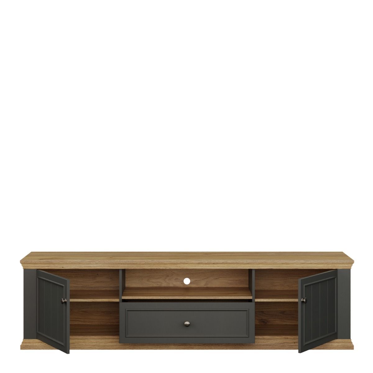 Pontypool Wide TV Cabinet With 2 Doors, Drawer & Open Shelf In Grey And Mauvella Oak