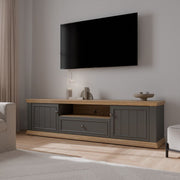 Pontypool Wide TV Cabinet With 2 Doors, Drawer & Open Shelf In Grey And Mauvella Oak