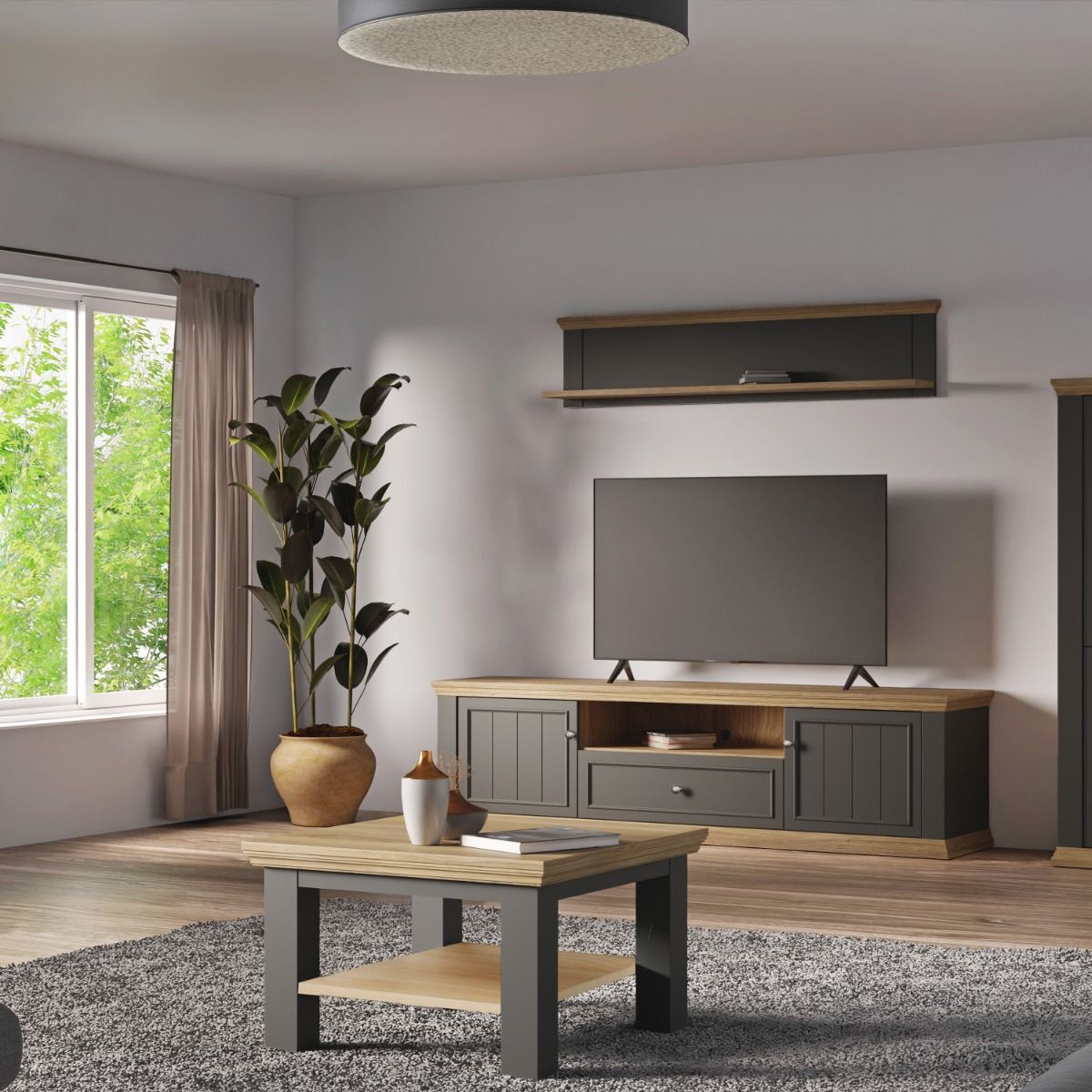Pontypool Wide TV Cabinet With 2 Doors, Drawer & Open Shelf In Grey And Mauvella Oak