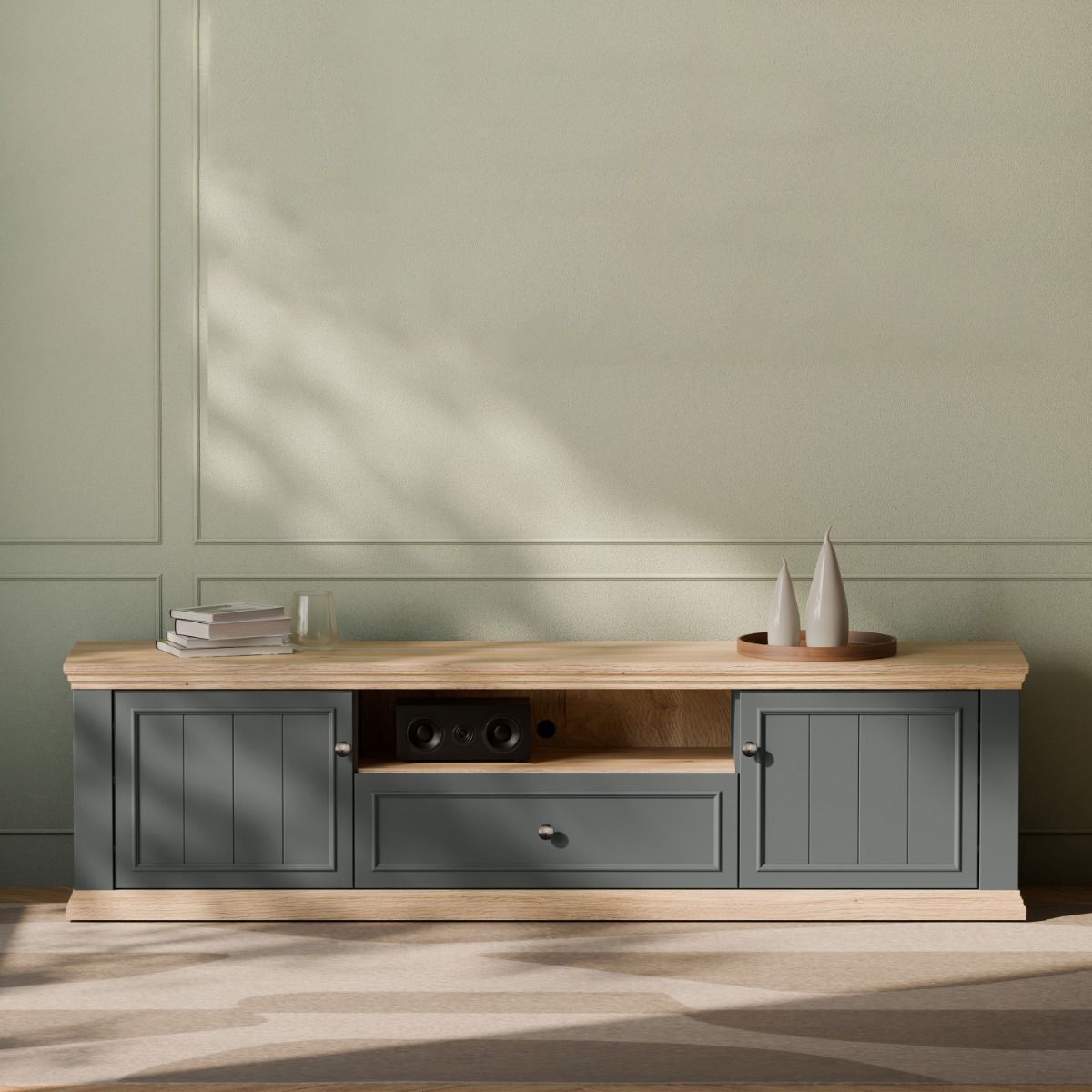 Pontypool Wide TV Cabinet With 2 Doors, Drawer & Open Shelf In Grey And Mauvella Oak